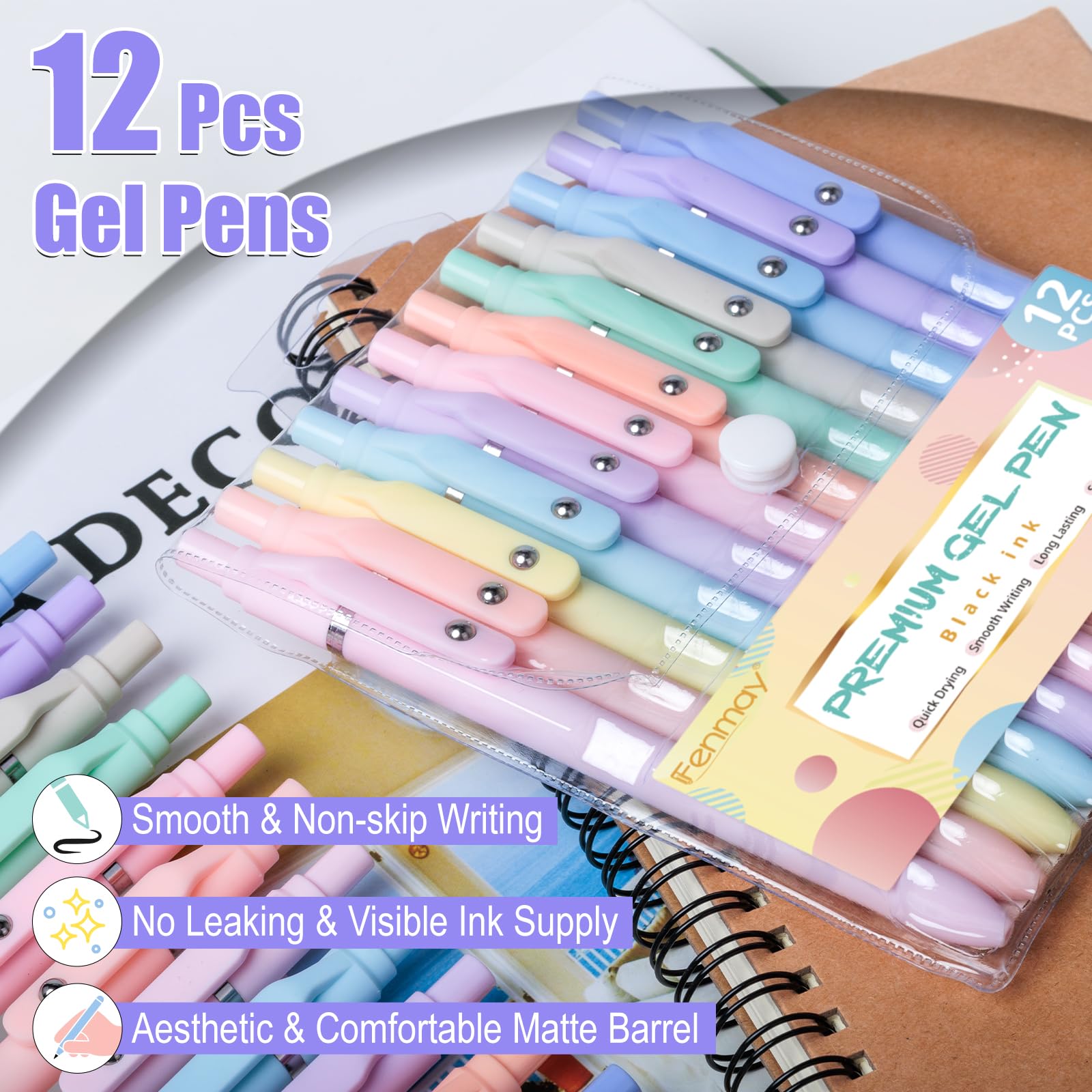 12 Pack 0.5mm Fine Point Gel Pens - Quick Dry No Smudge Black Ink, Smooth Writing & Comfortable Grip for Journaling, Note Taking, School Supplies & Office Work (Aesthetic Stationery Set)
