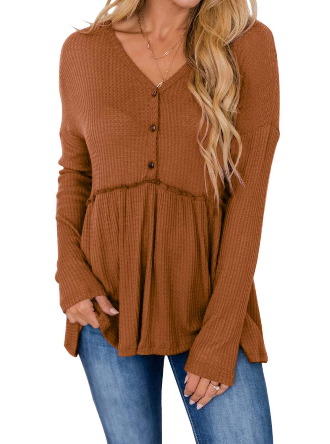 PINKMSTYLE Women's Long Sleeve V-Neck Button Up Ruffle Blouse - Waffle Knit Peplum Tunic Top for Work, Date Night & Casual Outfits