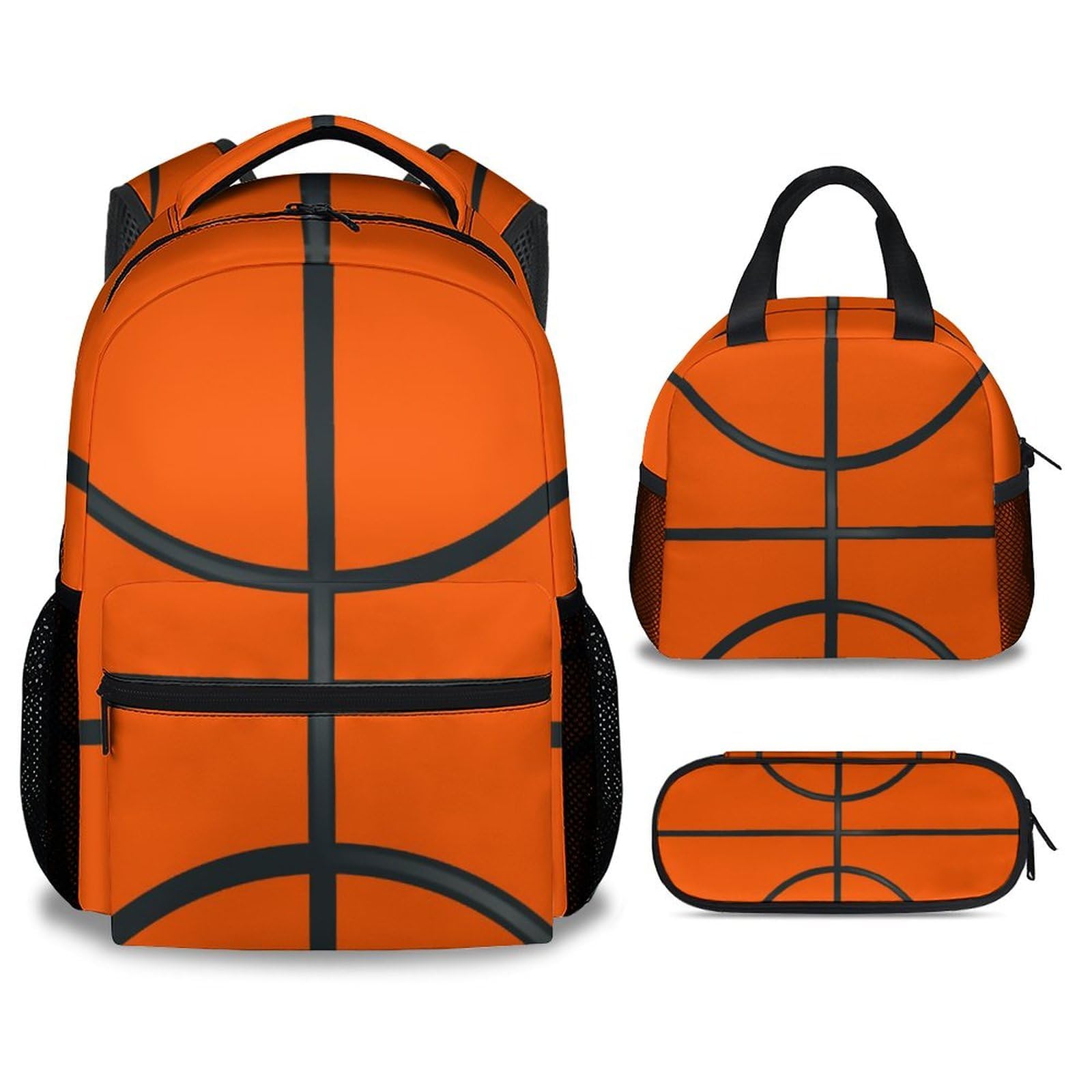 3-in-1 Basketball Backpack Set with Insulated Lunch Box & Pencil Case - Orange Boys' School Backpack Combo | Perfect for Sports, School & Travel | Durable Bookbag with Matching Accessories