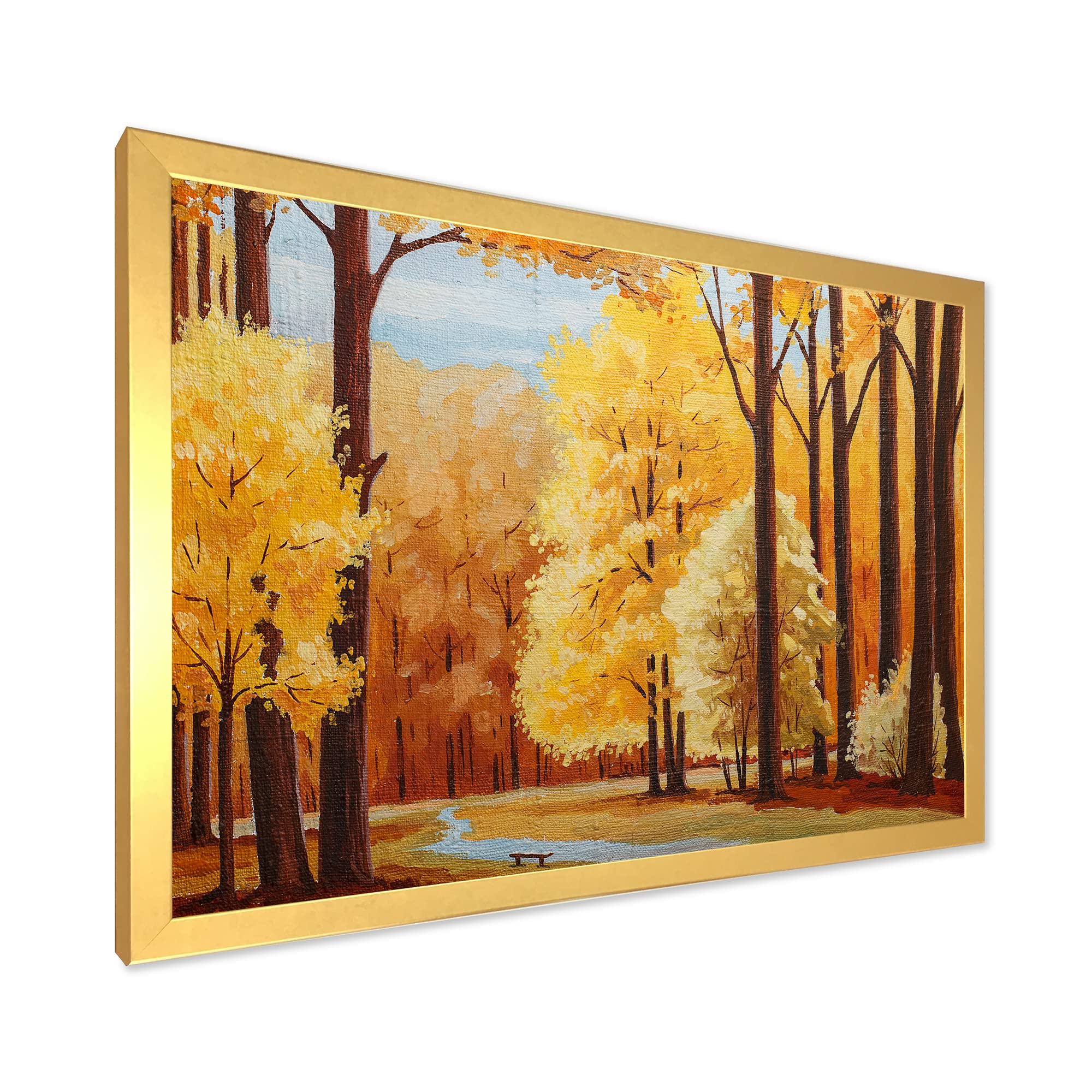 DesignQ Orange Autumn Trees At Dawn Farmhouse Framed Wall Art - Rustic Landscape Painting for Living Room, Bedroom & Office Decor