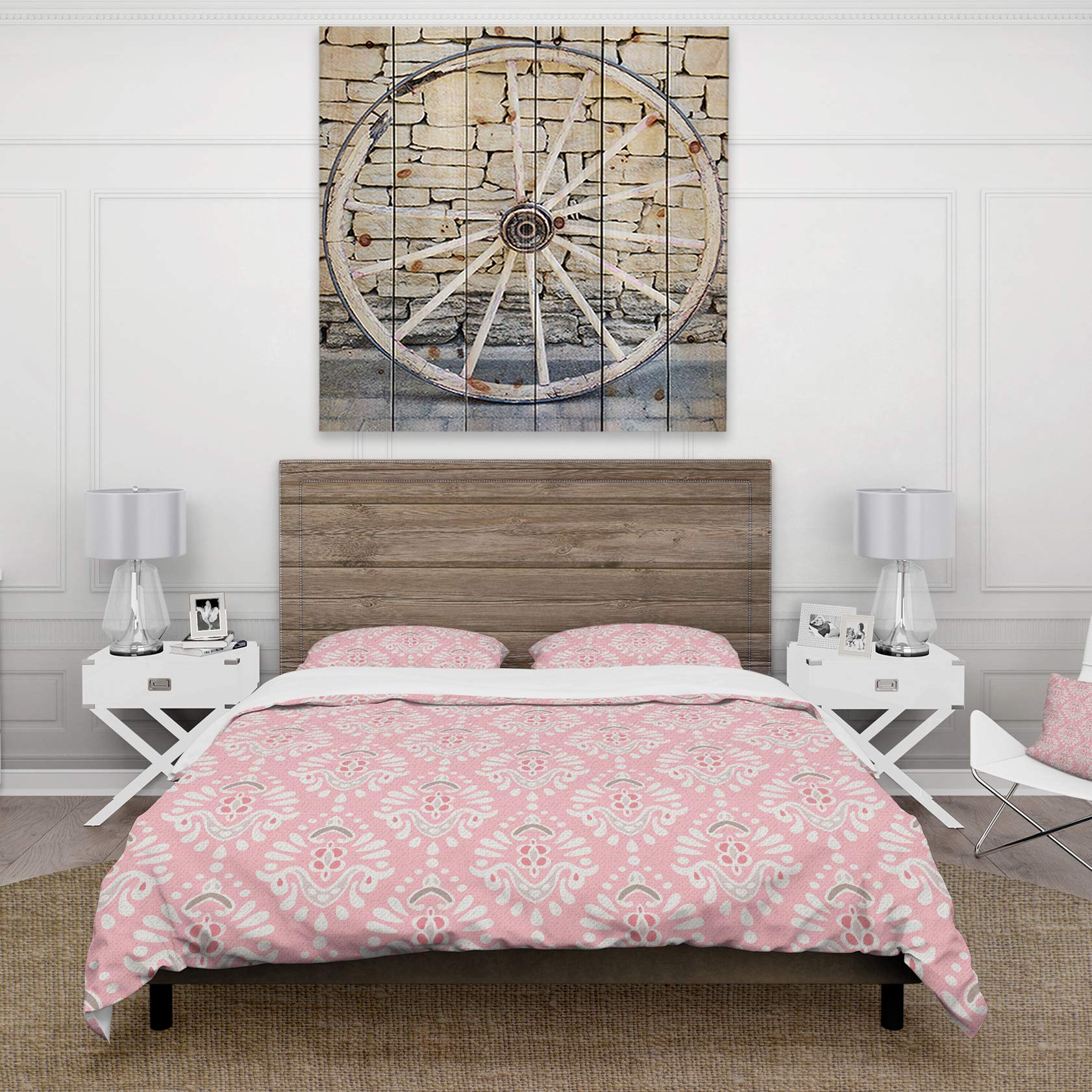 DesignQ Cute Pink Tiled Pattern Rustic Duvet Cover Set - Twin Size 3-Piece Bedding Set for Girls Room, Farmhouse Style All Season Comforter Cover - Perfect for Romantic Bedroom Decor & Cozy Sleep