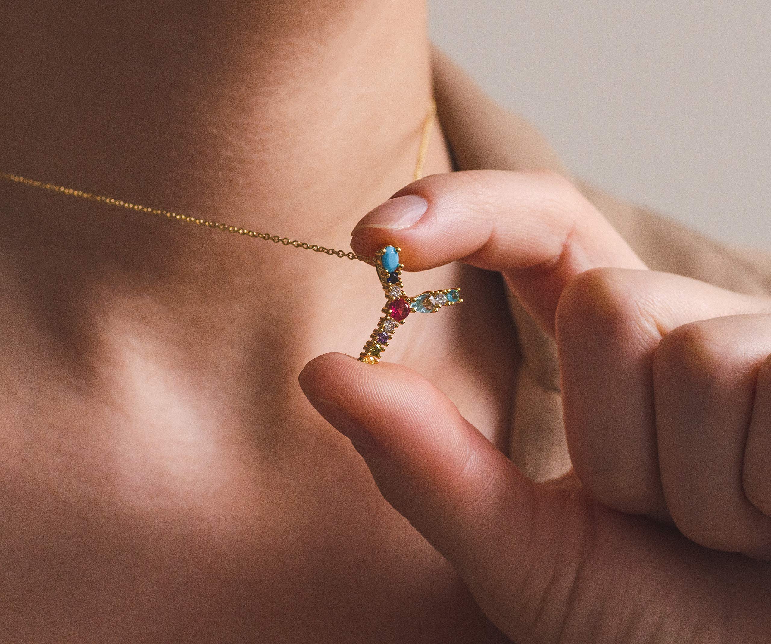 LAVLA Cubic Zirconia Initial Necklace for Women - 18K Gold Plated Dainty Letter Pendant with Colorful Crystals | Personalized Name Jewelry Gift for Her | Perfect for Birthdays, Anniversaries & Everyday Elegance