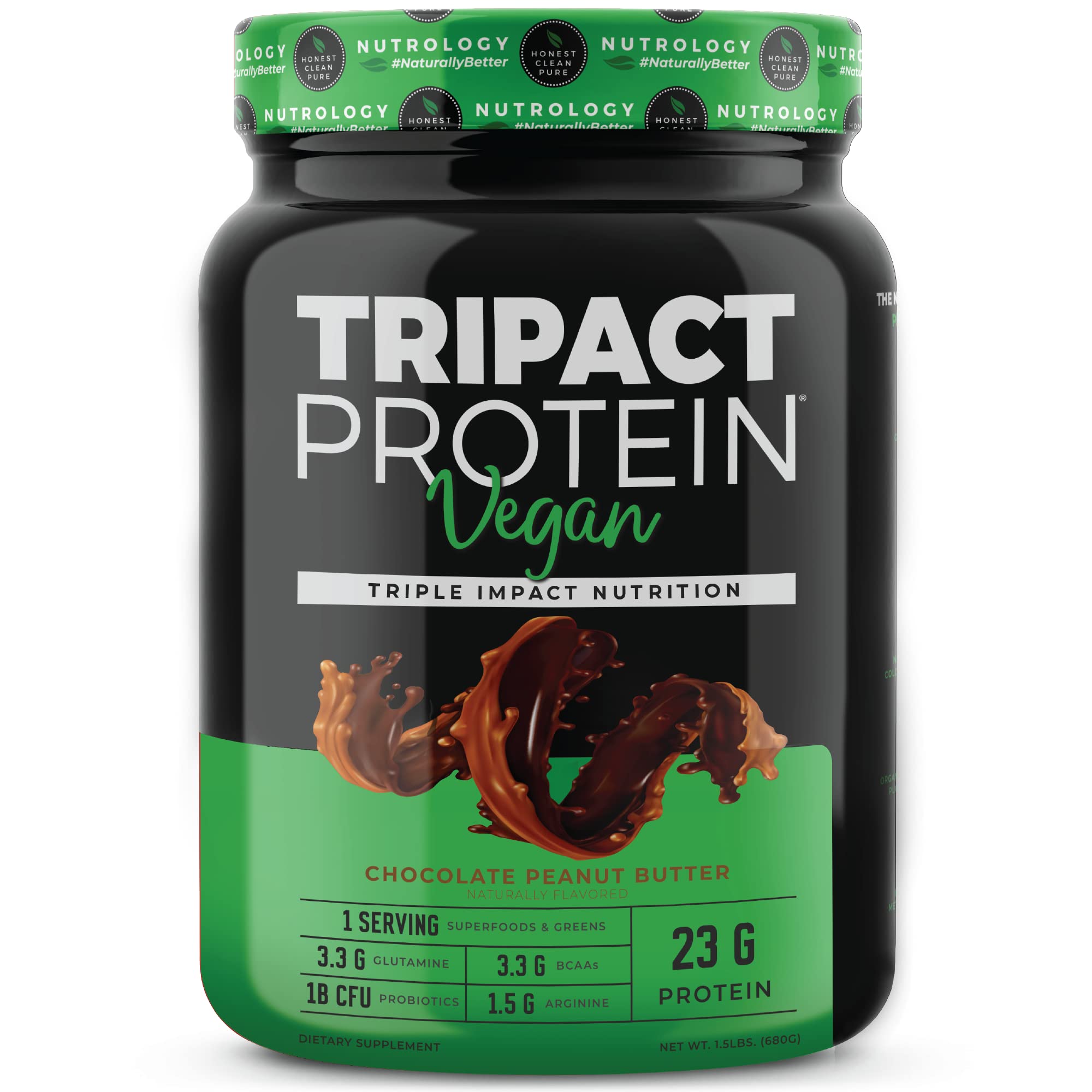 Tripact Vegan Protein Powder - Organic Plant-Based Protein with Superfoods, Greens & Probiotics - Non-GMO, Gluten-Free, No Artificial Colors or Flavors - Chocolate Peanut Butter Flavor (20 Servings) - Perfect for Post-Workout Recovery & Healthy Smoothies