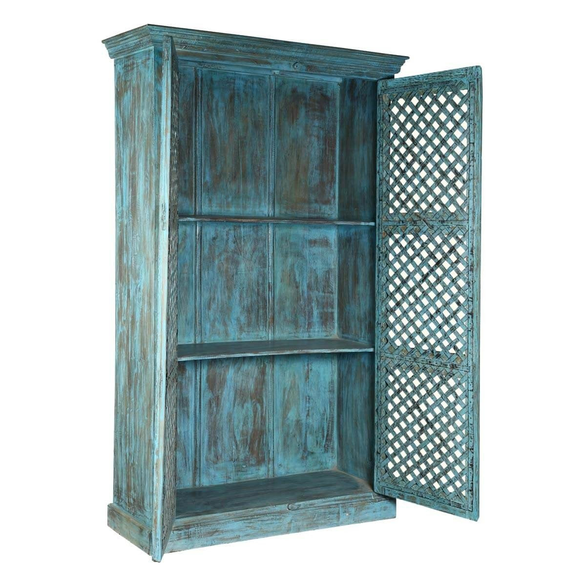 Hand Carved Indian Solid Wood Farmhouse Style Lattice Door Cabinet - Rustic Storage Solution for Living Room, Bedroom & Entryway Décor