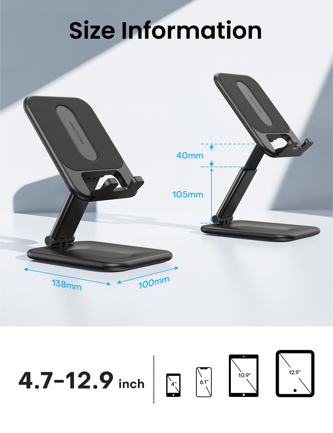 OMOTON Adjustable Foldable Tablet Stand Holder for iPad, iPhone, Samsung Galaxy Tab - Portable Monitor Stand & Desktop Dock for iPad Pro/Air/Mini, Galaxy Tab, Smartphones (Up to 12.9