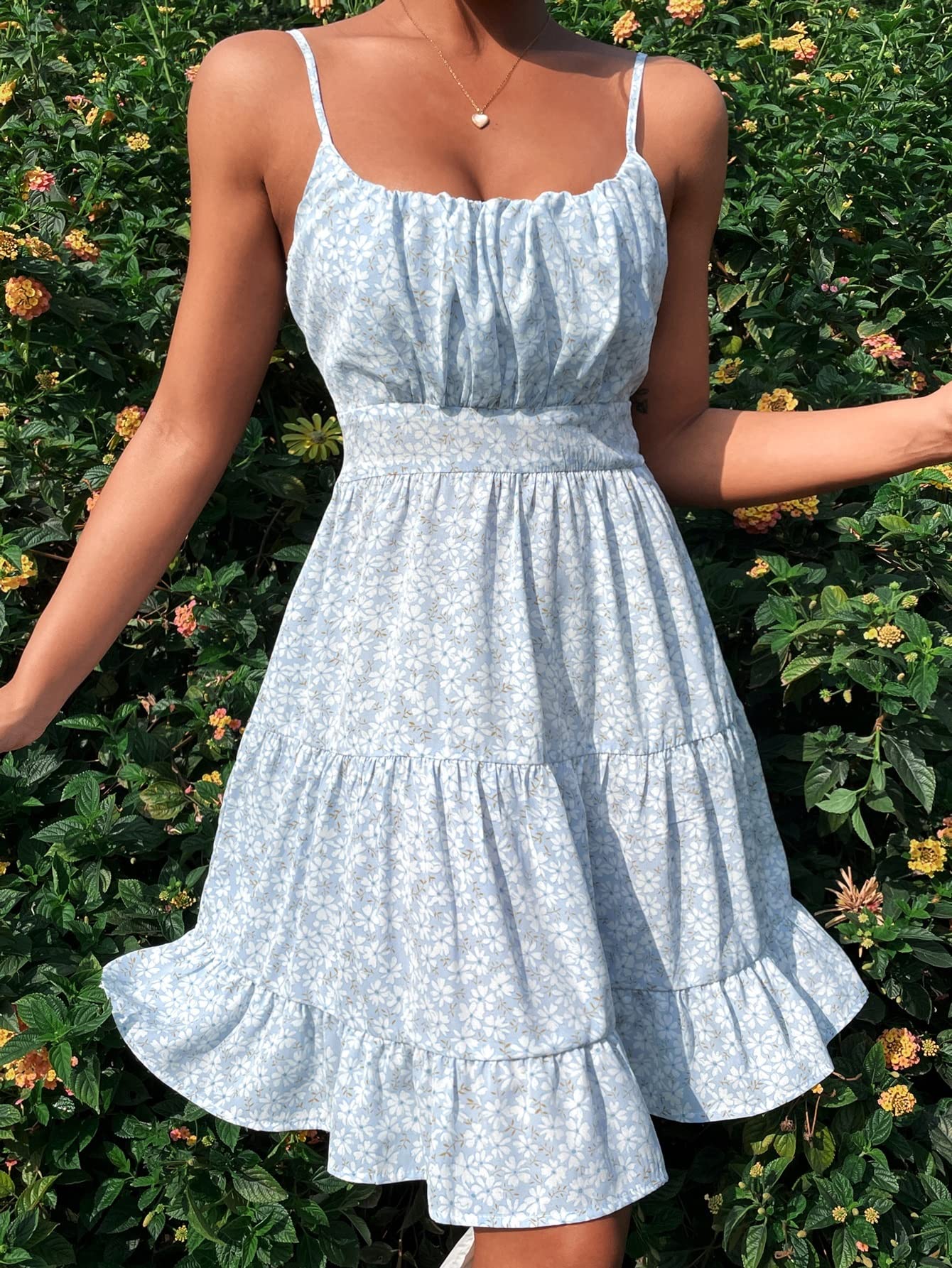 Boho Floral Print Ruched Bust Ruffle Hem Cami Dress for Women - Perfect for Summer Vacations, Beach Getaways & Boho Chic Outfits