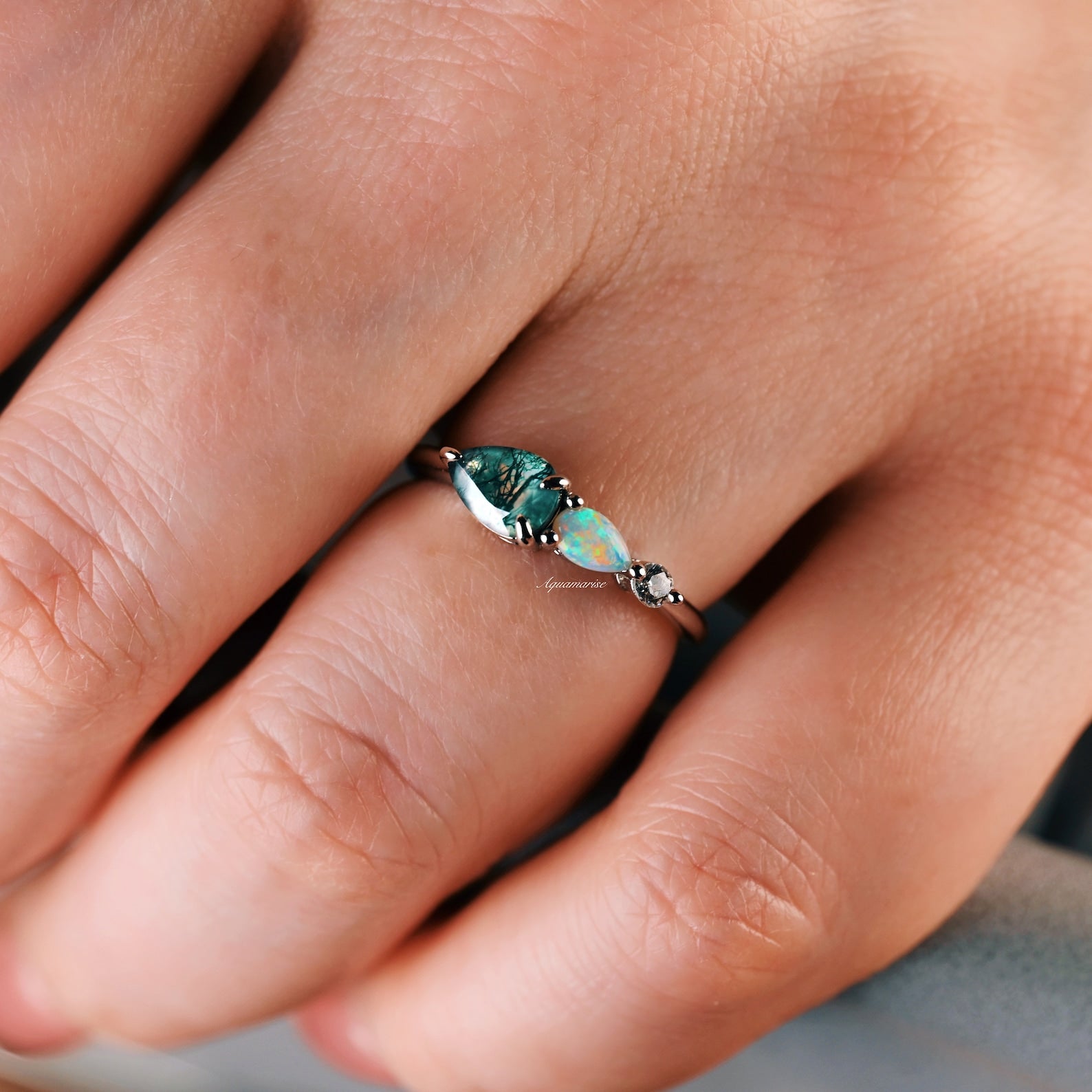 Natural Green Moss Agate & Fire Opal Ring - 14K Rose Gold Vermeil Jewelry for Women | Elegant Statement Ring for Wedding, Party & Everyday Wear