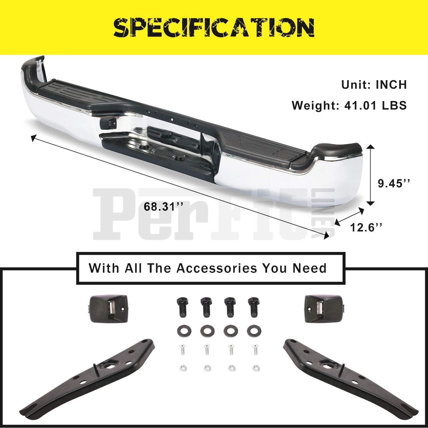 Chrome Steel Rear Step Bumper Assembly with Pads, Brackets & License Plate Lights for 2005-2015 Toyota Tacoma (TO1103113) - Perfect Fit, Durable Protection for Off-Road & Towing