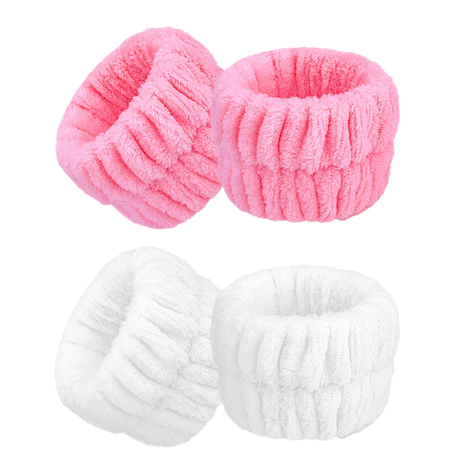 TOYMIS 4-Pack Soft Microfiber Wrist Wash Bands - Absorbent Elastic Spa Face Towel Wristbands for Women & Girls (Pink & White) - Perfect for Skincare, Gym, Yoga & Makeup Removal