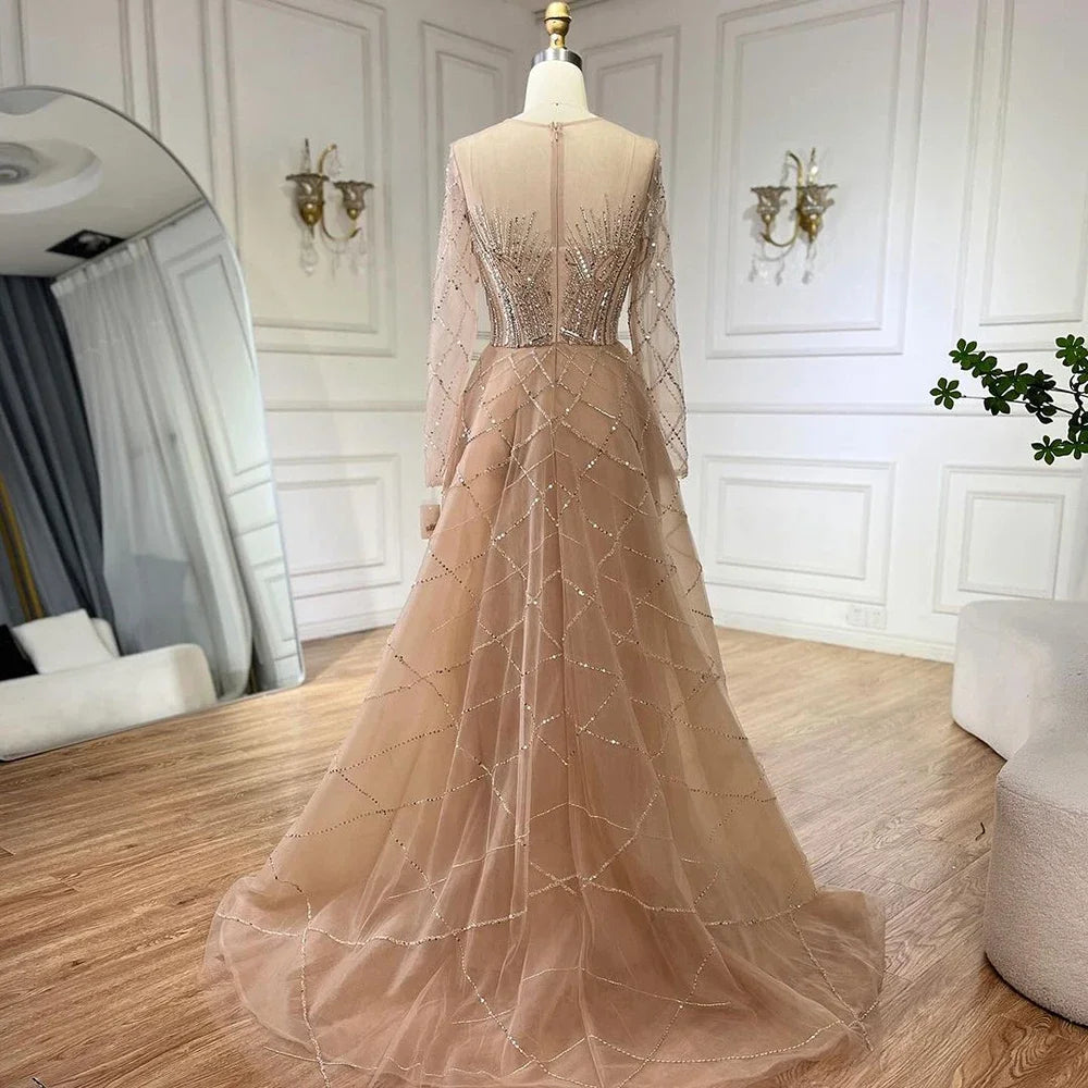 Serene Hill Muslim Beige Elegant Overskirt Mermaid Luxury Beaded Gold Evening Dresses Gowns 2025 For Women - Perfect for Weddings, Prom, Gala & Formal Events