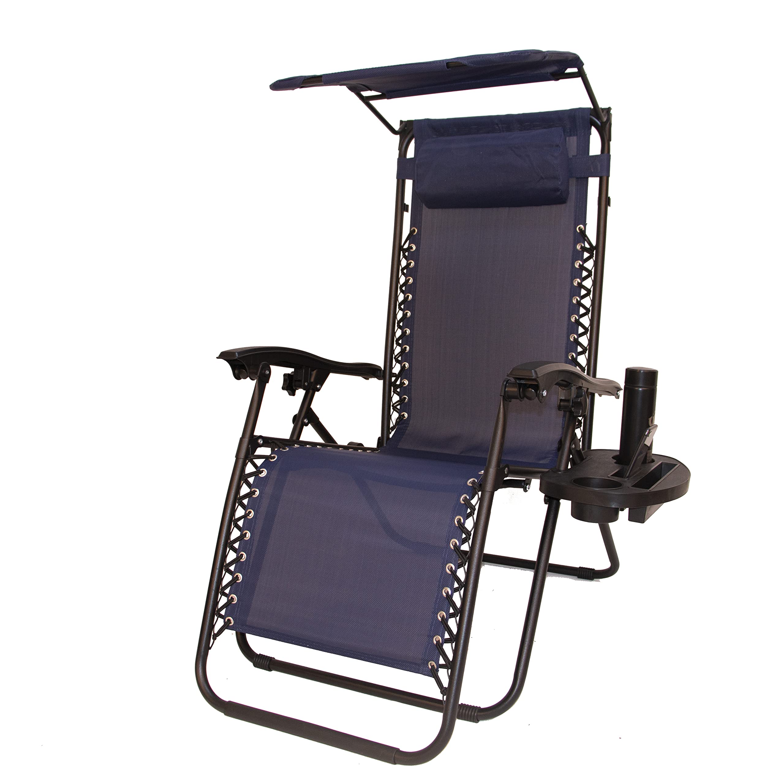 BTEXPERT Set of 2 Adjustable Steel Mesh Zero Gravity Lounge Chairs - Outdoor Patio Recliners for Beach, Yard & Garden with Pillow, Sunshade & Utility Tray - Blue with Canopy - Perfect for Poolside Relaxation, Backyard Lounging & Beach Vacations