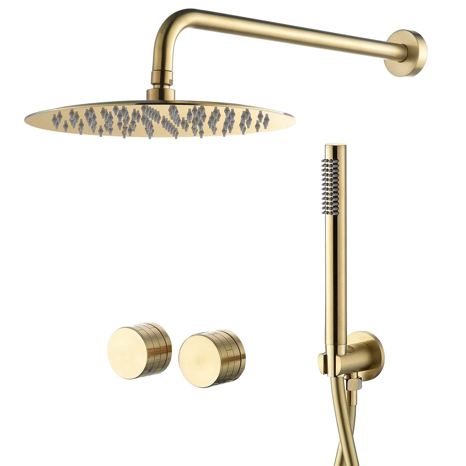 TRUSTMI 12 Inch Brass 2 Handle Shower Faucet Set with Rainfall Shower Head and Handheld Spray - Brushed Gold Finish - Complete Trim Kit with Rough-In Valve Included - Perfect for Bathroom Renovation and Luxury Spa Experience
