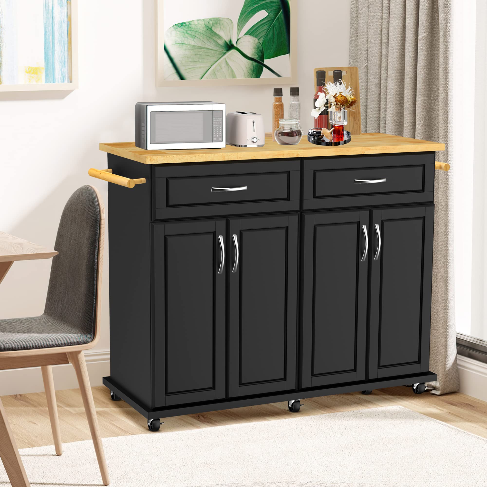 **Black Kitchen Island Cart with Storage Cabinet & Drawer - 48x18x36 Inches, Rubber Wood Top, Mobile Kitchen Island on Wheels with Towel Rack - Perfect for Small Kitchens, Dining Room Storage & Food Prep**
