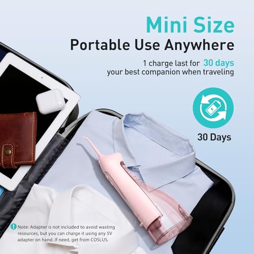 COSLUS 300ML Portable Cordless Water Dental Flosser - Rechargeable Electric Teeth Cleaning Oral Irrigator with IPX7 Waterproof, Travel-Friendly Teeth Pick for Home & Travel Use (Pink, Model C20-F5020E) - Perfect for Daily Oral Care, Braces Cleaning, and Gum Health Maintenance