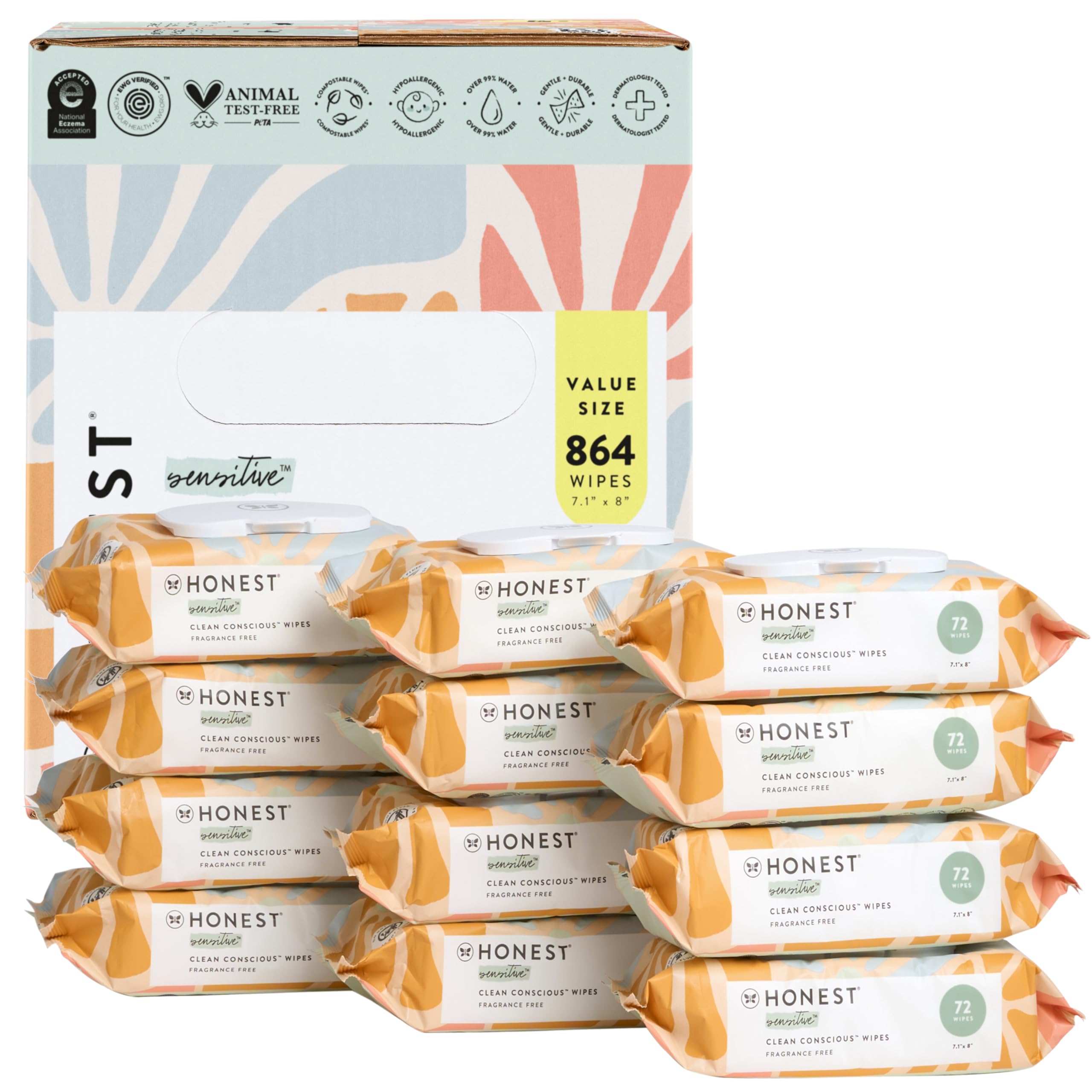 The Honest Company Clean Conscious Multi-Use Wipes - Hypoallergenic & Unscented for Sensitive Skin | 99% Water, Compostable, Plant-Based Baby Wipes | 864 Count (Sunburst) | Perfect for Diaper Changes, Travel & On-the-Go Cleaning