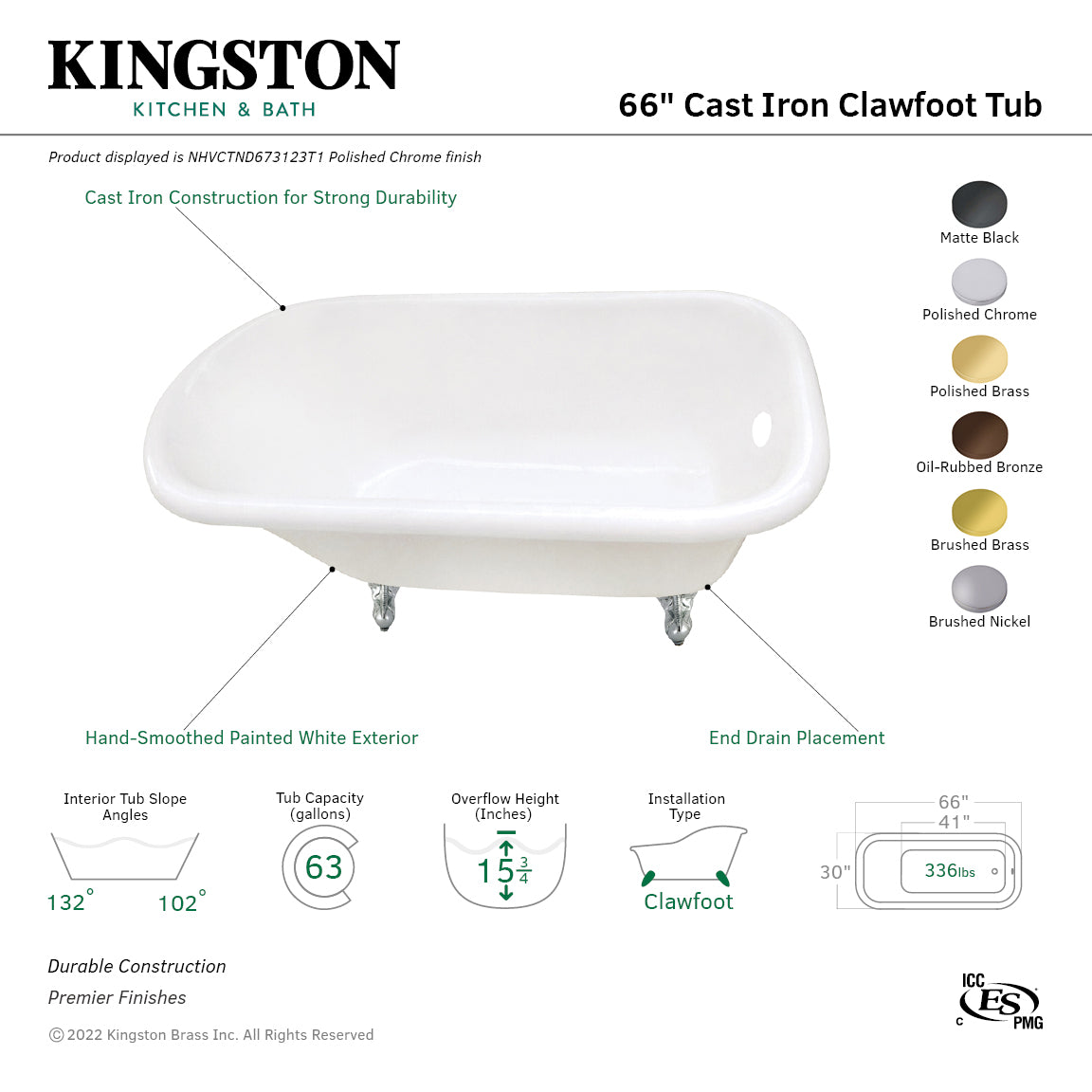 Aqua Eden 66 Inch Clawfoot Bathtub - Cast Iron Oval Roll Top Tub, White/Matte Black Finish (No Faucet Holes) | Vintage Bathroom Decor, Luxury Soaking Tub for Spa-Like Relaxation