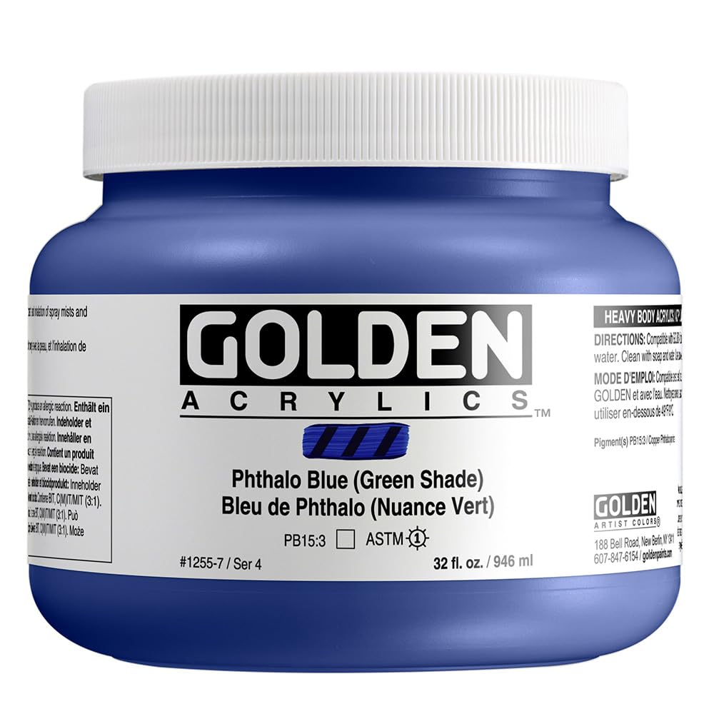 GOLDEN Heavy Body Acrylic Paint - Phthalo Blue (Green Shade) 32 fl oz Jar - Professional Grade Transparent Acrylics for Canvas Painting, DIY Art Projects & Home Decor