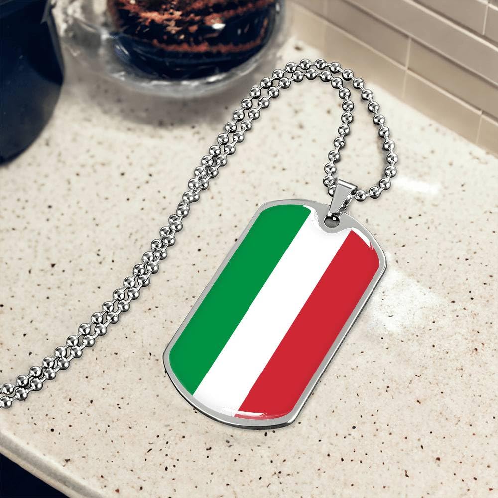 Italian Flag Dog Tag Necklace - Silver Military Chain with Glass Dome Pendant - 24