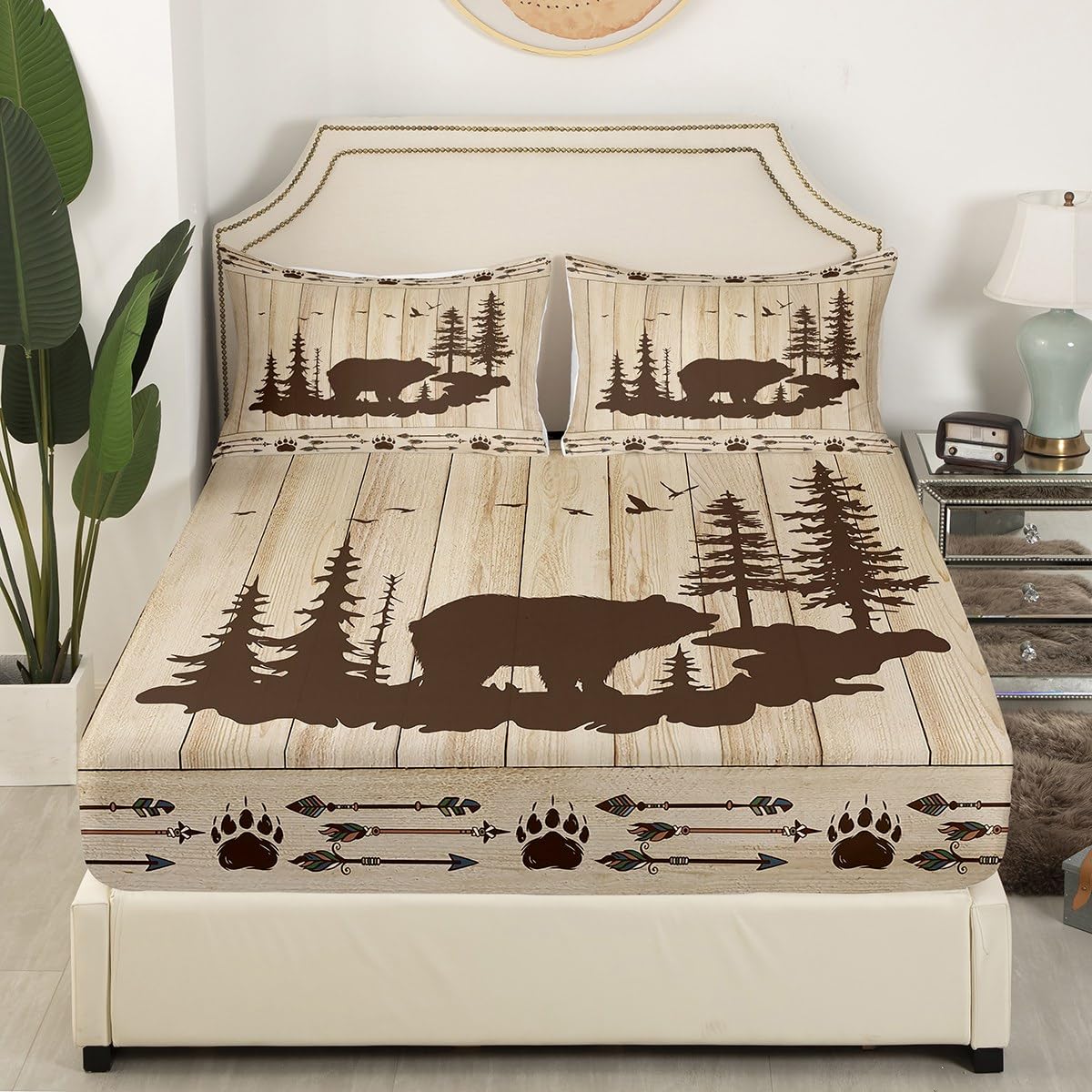 Wild Animal Hunting Bear Sheet Set - Tribal Arrow Paw Print Bedding for Twin Bed - Rustic Farmhouse Cabin Decor with Pine Trees & Big Cat Design - Perfect for Log Cabin, Hunting Lodge, or Western-Themed Bedroom