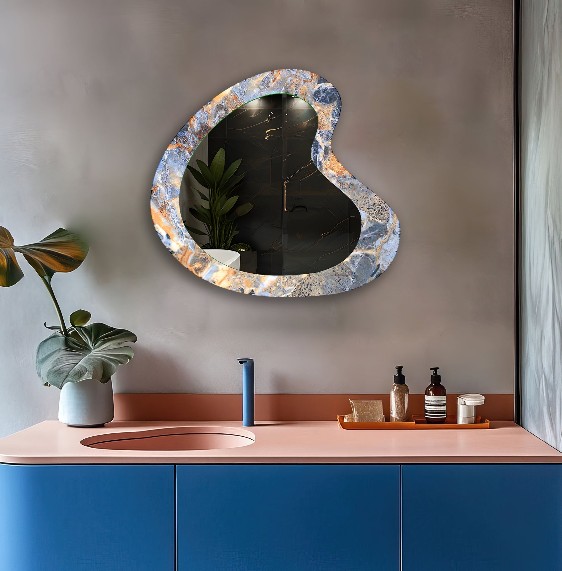 Elegant Blue Marble Bathroom Wall Mirror - Modern Round Vanity Mirror for Makeup & Home Decor - Perfect for Bathroom, Bedroom, and Dressing Room