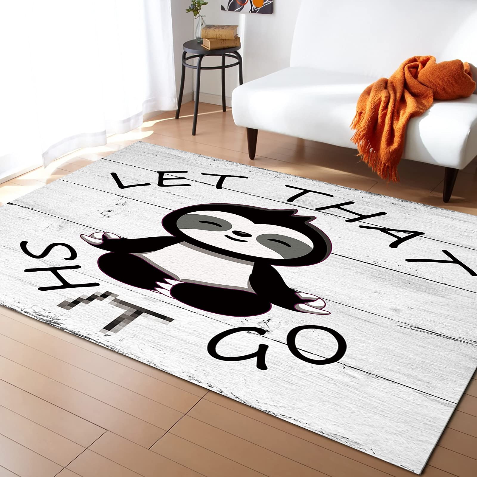 5'x8' Large Rectangle Washable Non-Slip Area Rug - Black Sloth 'Let That Shit Go' Design for Living Room, Nursery & Bedroom | Soft Cushion Floor Mat with Wood Board Print | Perfect for Home Decor, Kids Room & Cozy Spaces