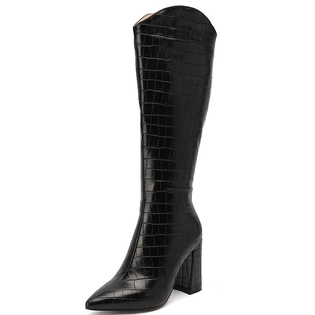 Women's Knee High Boots with Chunky Heel & Pointed Toe - Faux Snakeskin Cowgirl Western Boots for Country Dancing, Rodeo & Fashion Outfits