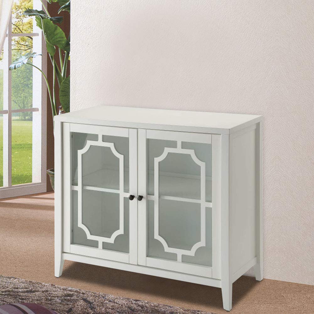 Goujxcy Wooden Floor Storage Cabinet with Glass Door - White Console Cabinet for Living Room, Display Organizer for Books, Games & Decor
