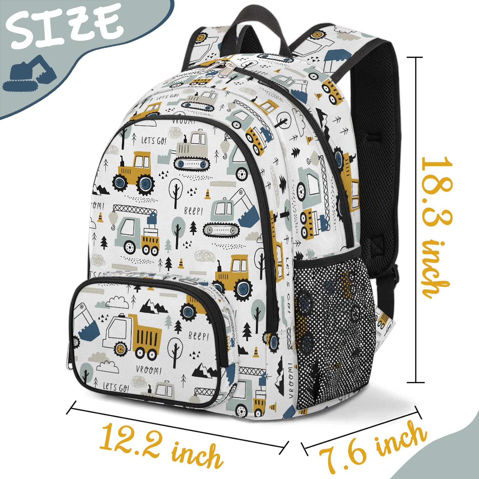 Boys Construction Themed Backpack - 18 Inch Waterproof School Bookbag for Kids, Lightweight Travel Backpack for Trucks, Tractors & Excavators Lovers | Perfect for Elementary School, Day Trips & Outdoor Adventures