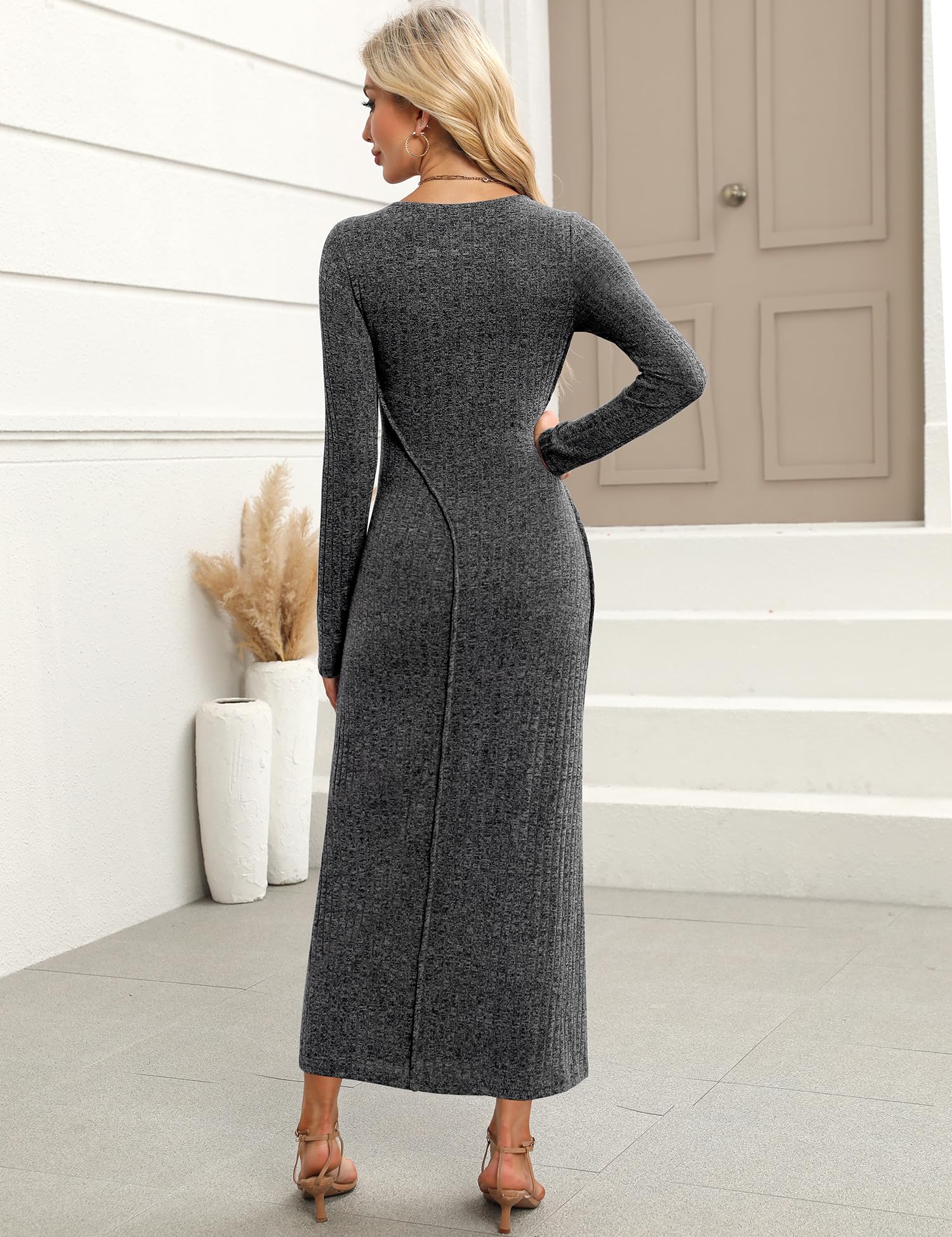 Annebouti Women's 2025 Spring Long Sleeve Ribbed Knit Sweater Maxi Dress - Elegant Crew Neck Wedding Guest Dress for Women - Perfect for Bridal Showers, Formal Events & Evening Parties