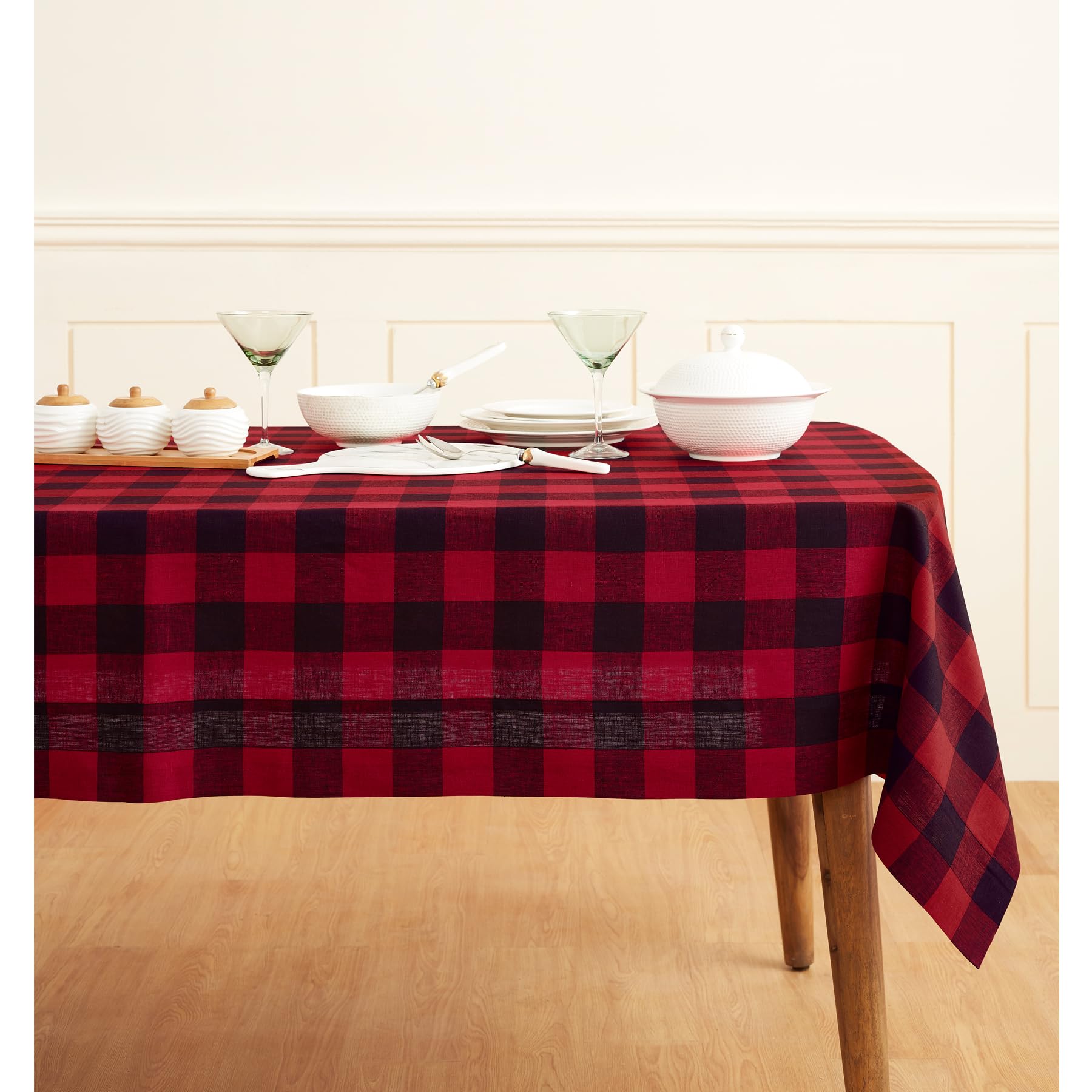 Solino Home 100% Pure Linen Tablecloth 60x120 Inch - Red and Black Buffalo Check Plaid Table Cover for Rectangle Tables - Machine Washable Dining Table Cloth for Wedding, Party, Thanksgiving & Holiday Decor