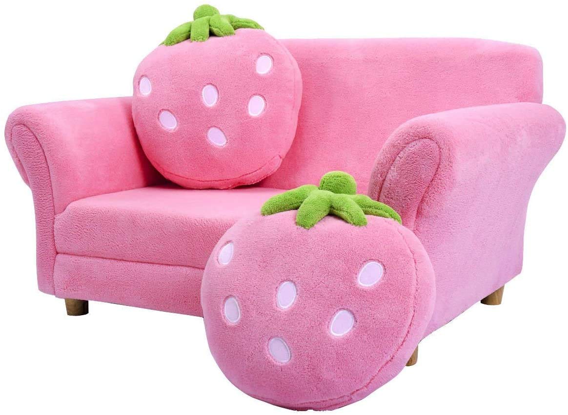 GLACER Pink Kids Sofa with 2 Pillows - Toddler Couch with Sturdy Wooden Frame & Soft Coral Fleece, 2-in-1 Lounge Bed & Armchair for Girls - Perfect for Playroom, Nursery, or Living Room