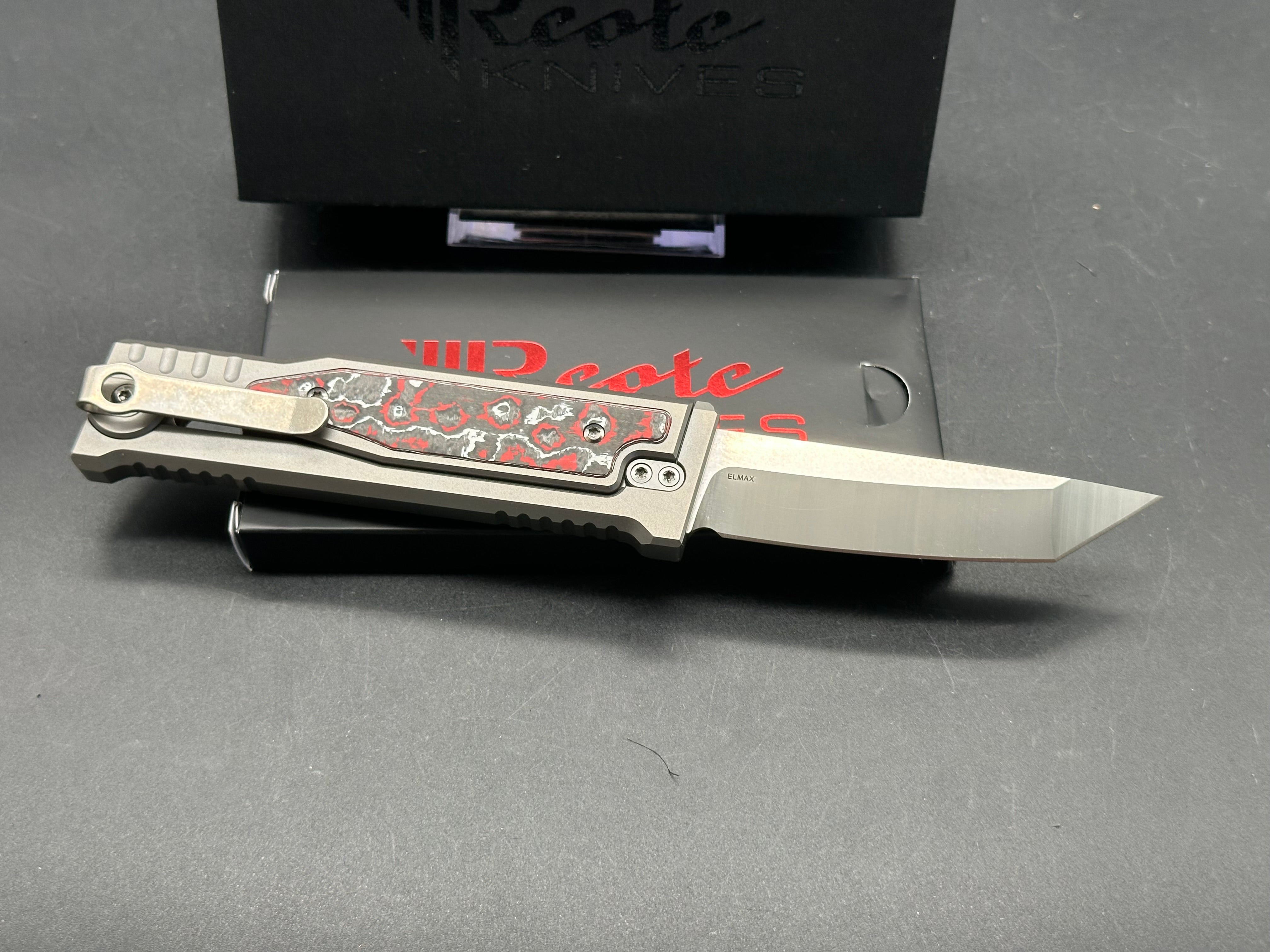 Reate EXO-M Folding Knife - Grey Titanium Frame with Red Marble Fat Carbon Inlays, Tanto Elmax Blade - EDC Pocket Knife for Outdoor, Camping & Everyday Carry