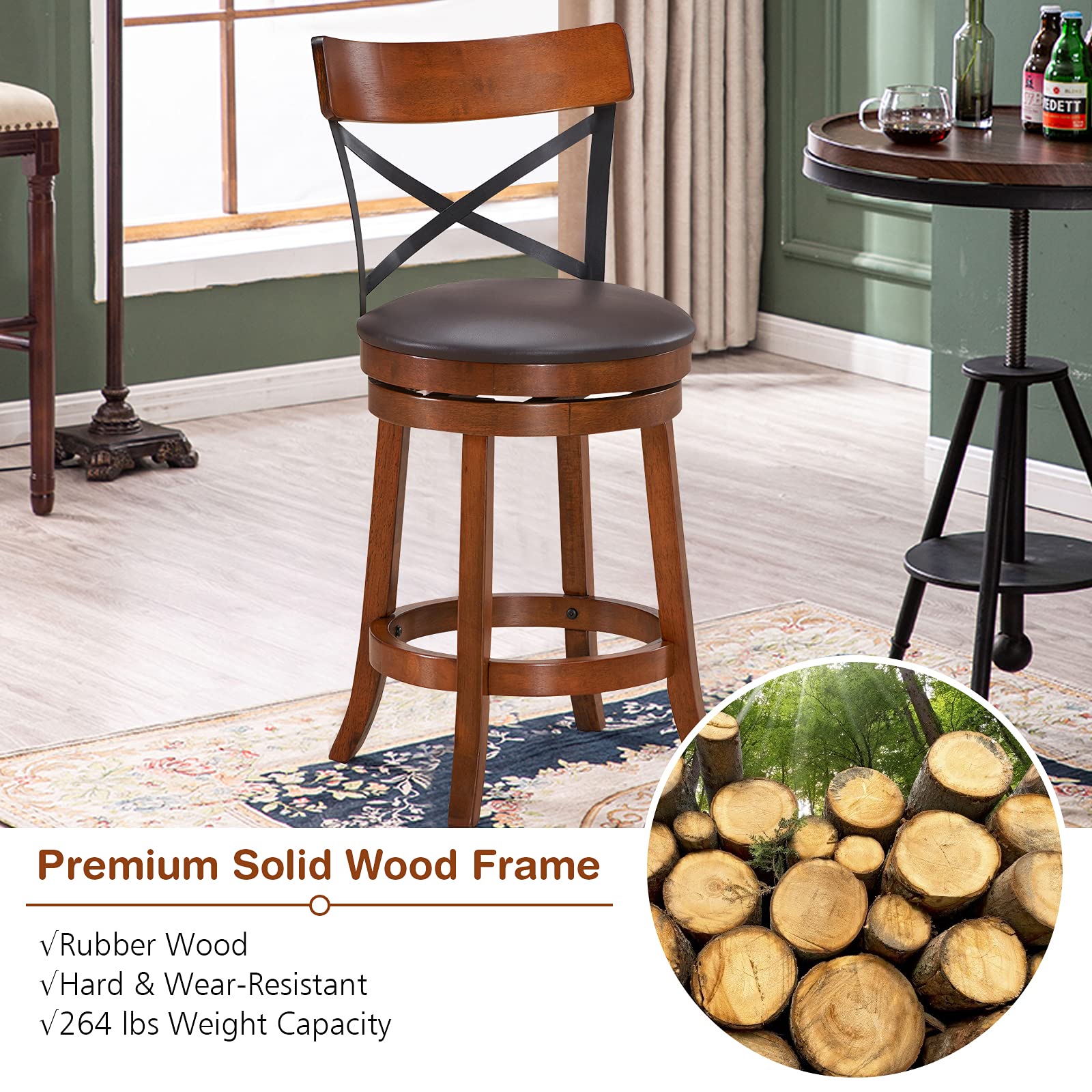COSTWAY 4-Piece Bar Stool Set - 360° Swivel Solid Wood Bar Stools with Soft Cushion & Backrest, 25