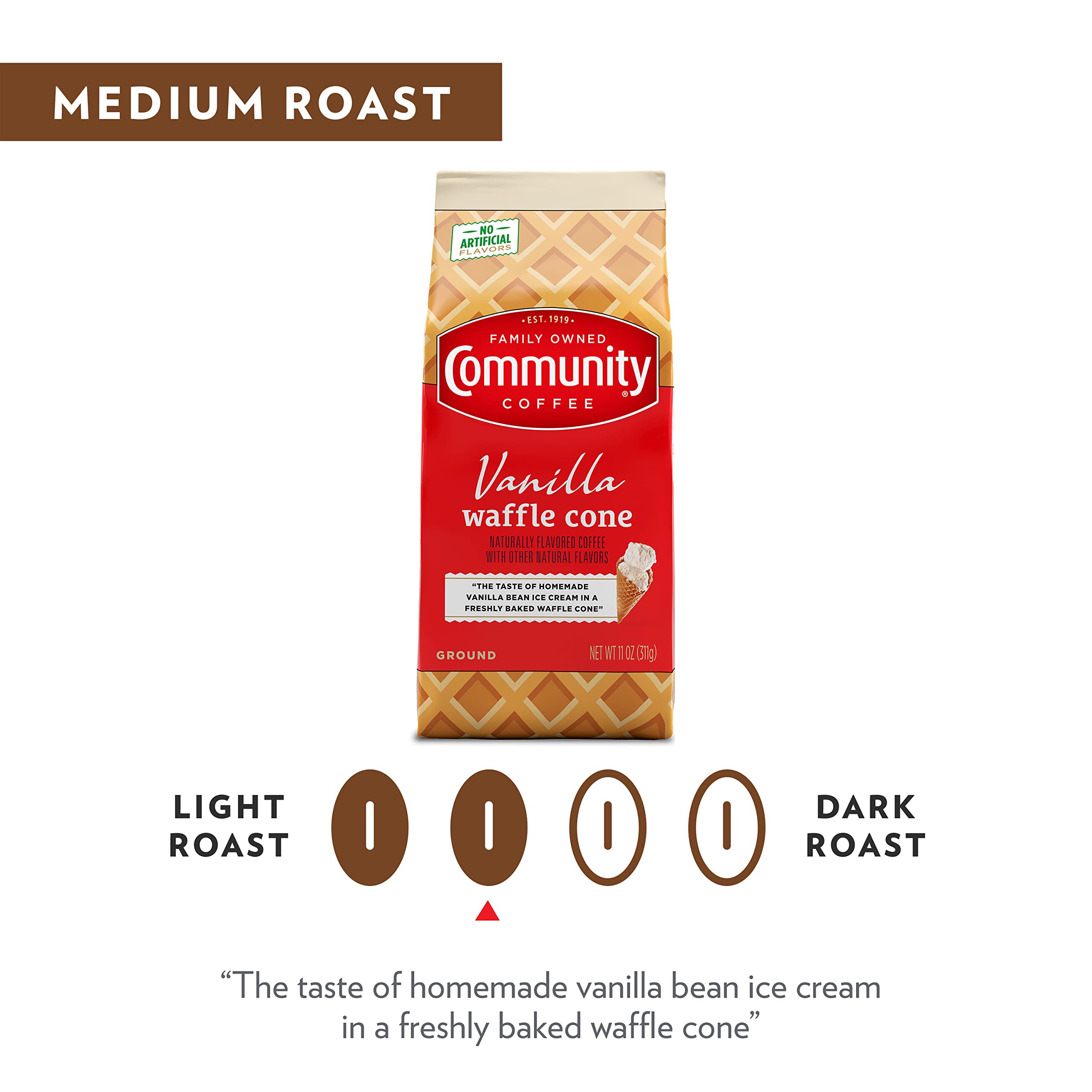 Community Coffee Vanilla Waffle Cone - Ice Cream Flavored Ground Coffee, 11oz Bag | Perfect for Morning Brew, Afternoon Pick-Me-Up & Dessert Pairing