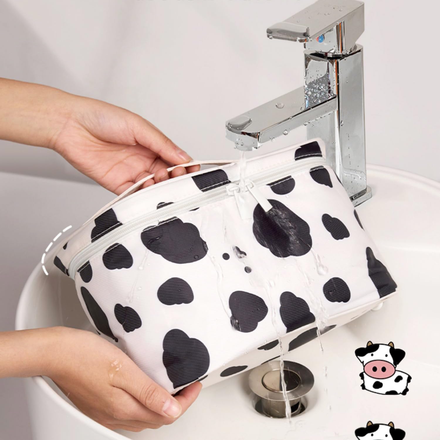Wolpin PU Cow Print Makeup Bag - Large Waterproof Cosmetic Organizer with Brush Holder, Travel Toiletry Case (21.5 x 16.5 x 12 cm) - Perfect for Travel, Home Storage & Daily Makeup Organization