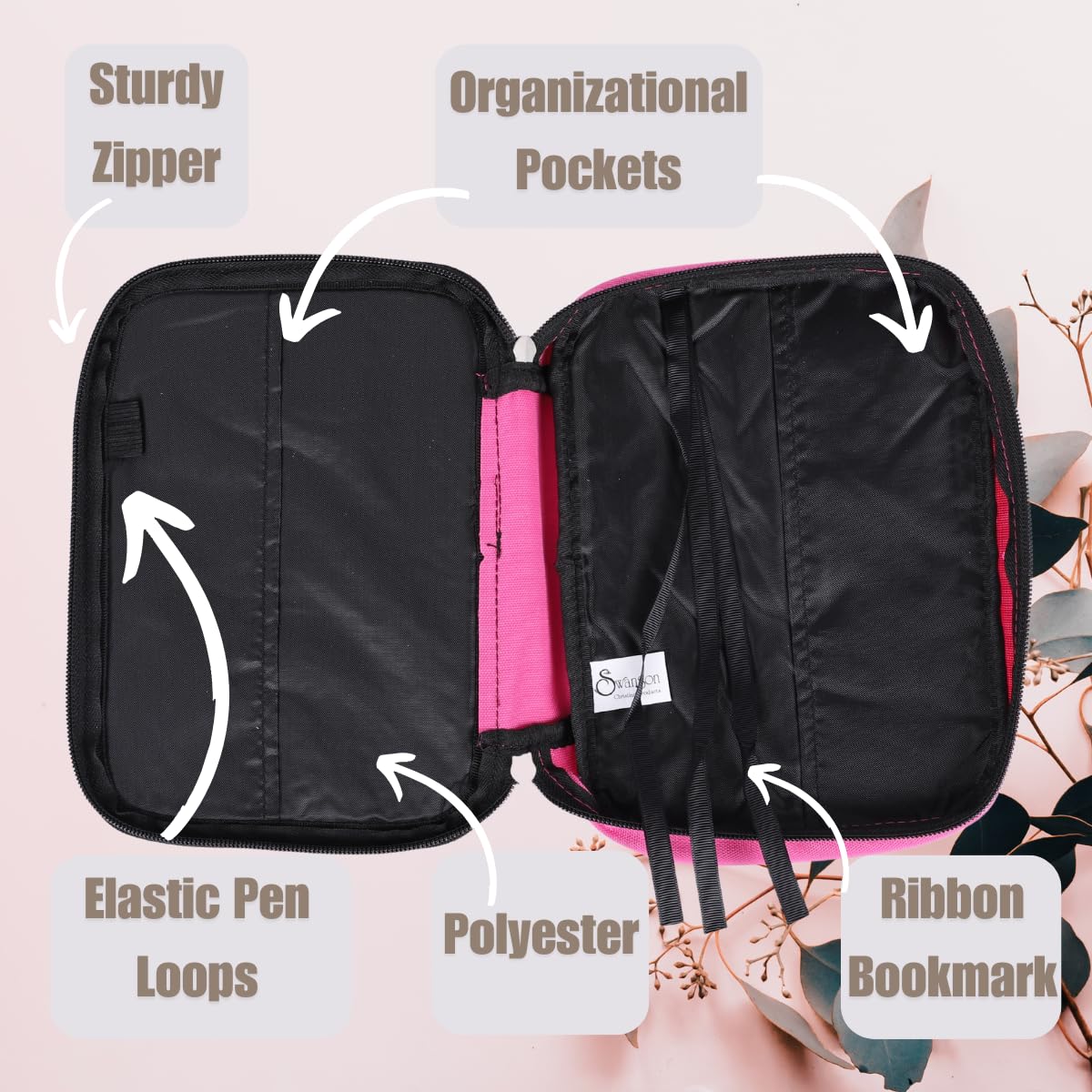 Pink Bible Cover for Women & Girls - Medium Size 9.25X6.62X1.87 Inches with Handle, Ribbon Bookmark, Pen Loop & Organizer Pockets - Perfect for Church, Bible Study, Travel & Daily Devotion