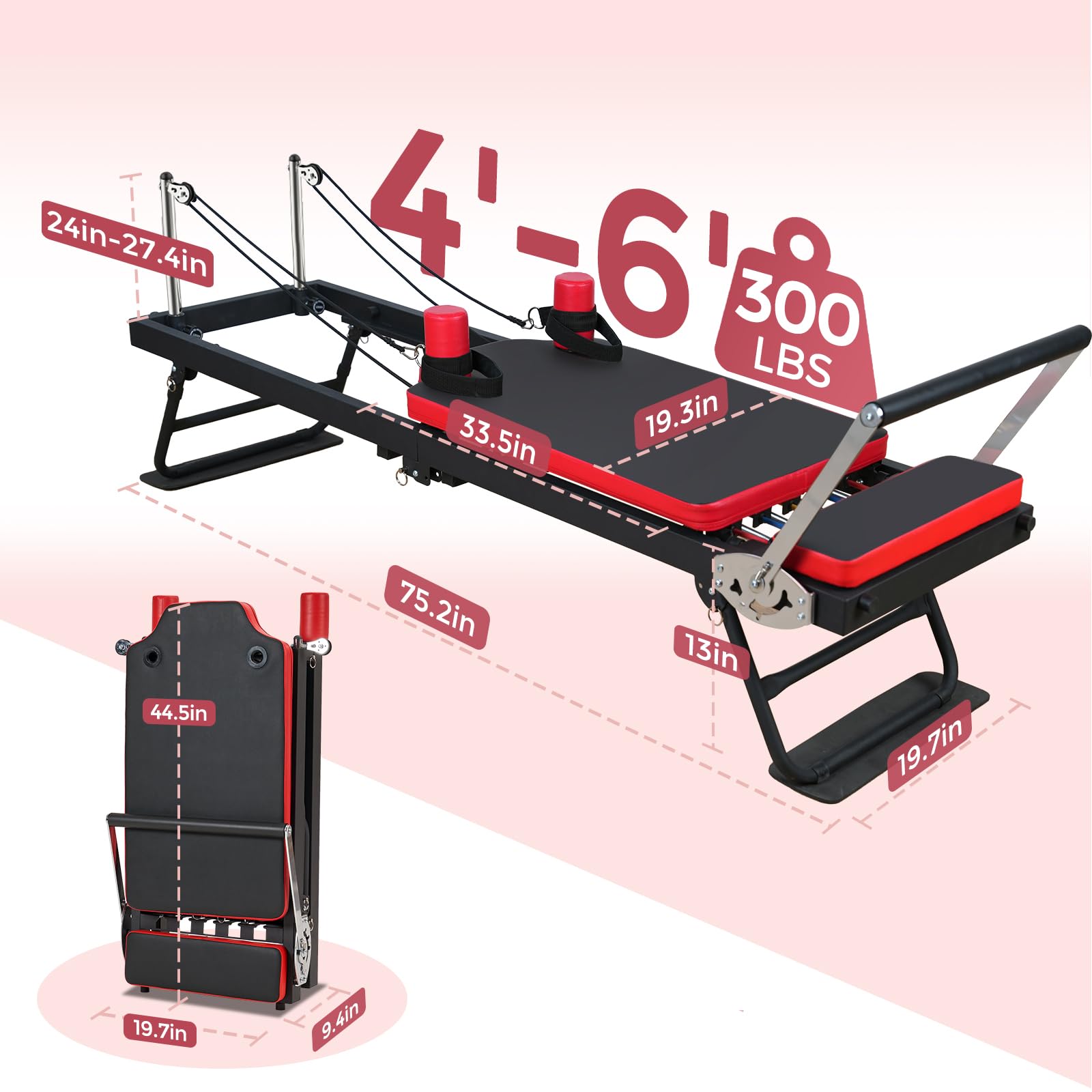 JIRTEMOT Foldable Pilates Reformer Machine with Resistance Springs & Cords - Home Gym Equipment for Full-Body Workout, Supports Up to 300 lbs - Perfect for Home Fitness, Physical Therapy & Pilates Studio Training