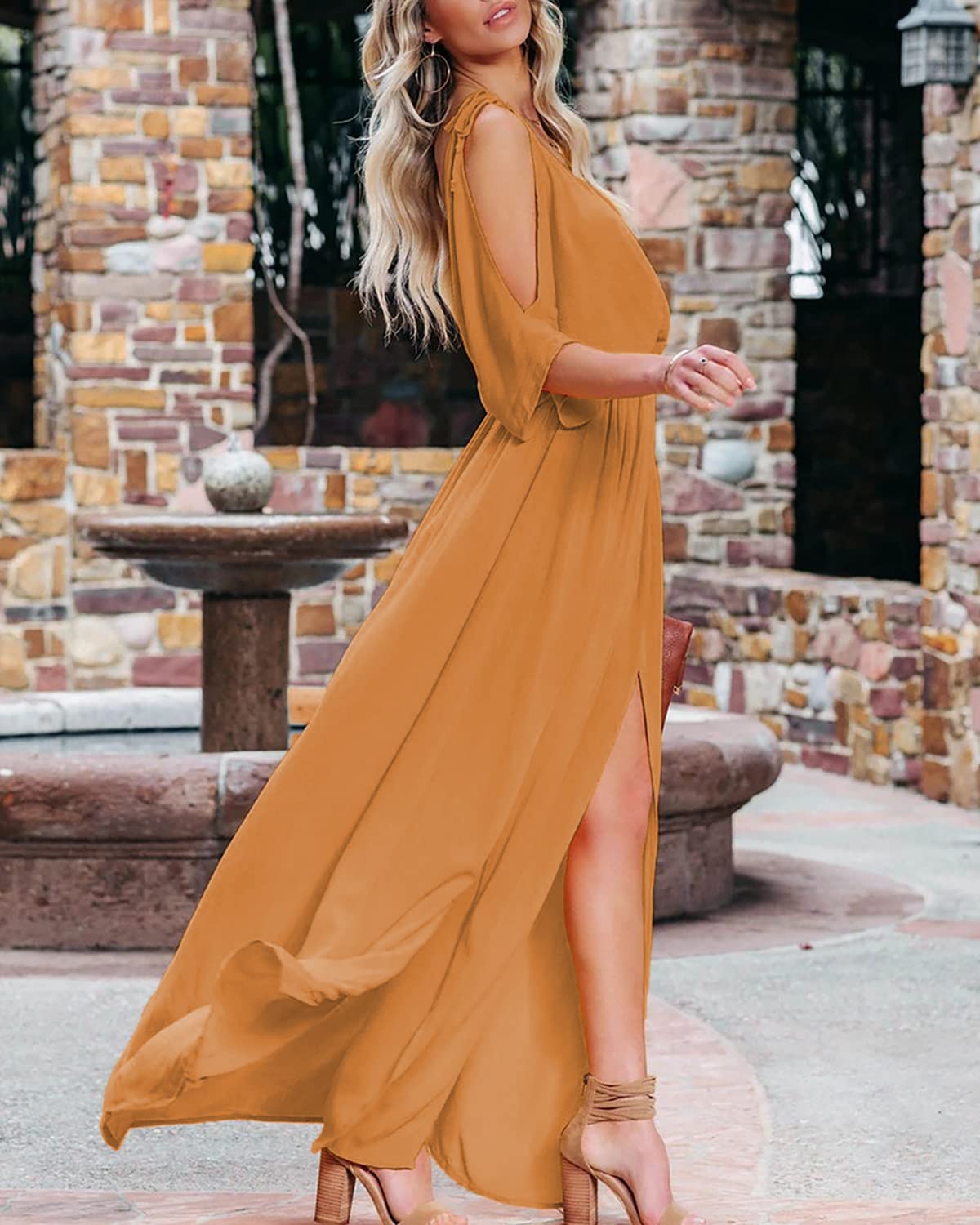 DEEP SELF Women's Summer V-Neck Cold Shoulder Short Sleeve Maxi Dress - High Waist Split Long Dress for Wedding Guest, Beach Party & Date Night