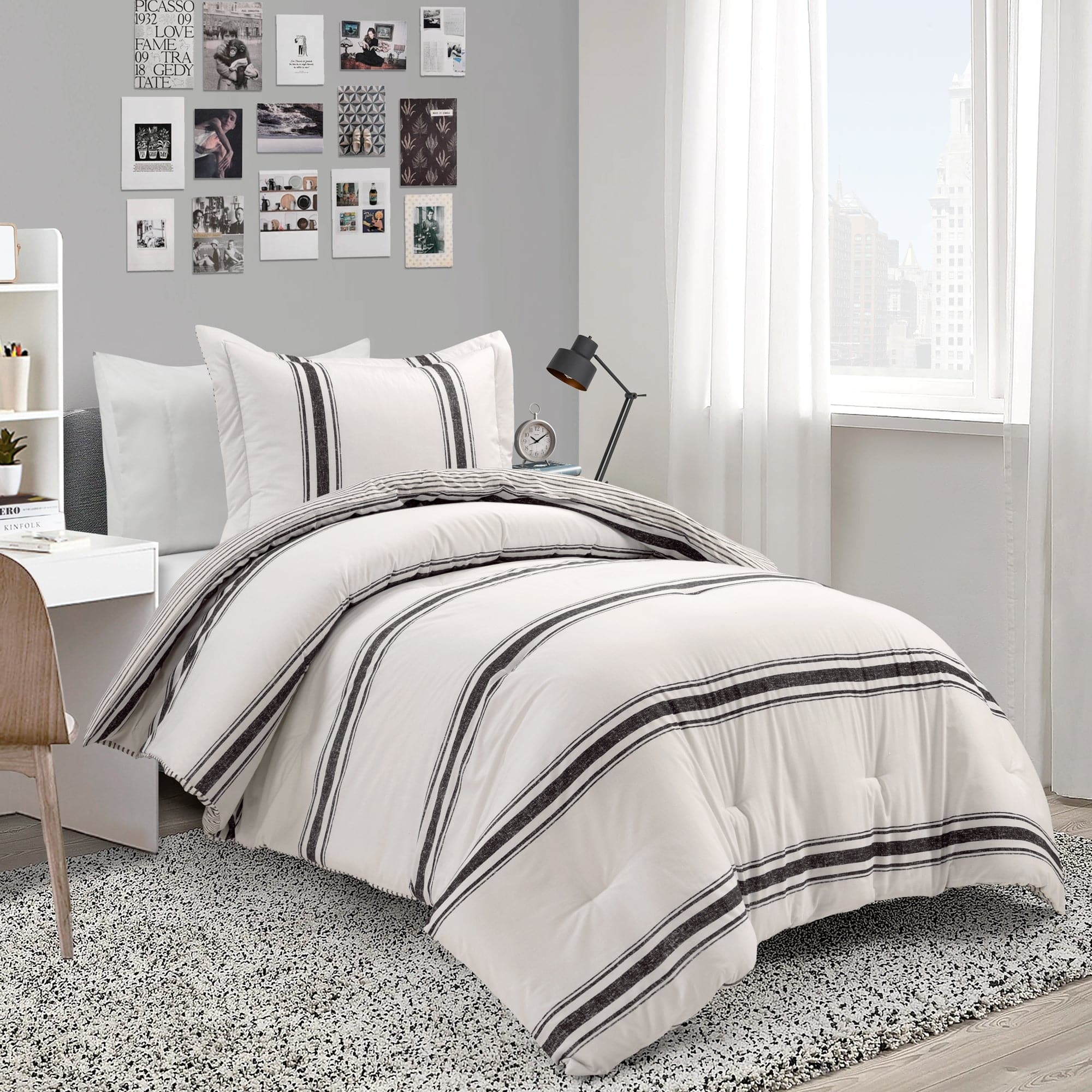 Farmhouse Stripe Reversible Comforter Set - Queen Size, Soft Breathable Cotton Bedding - Perfect for Cozy Bedroom Decor & Guest Room Styling