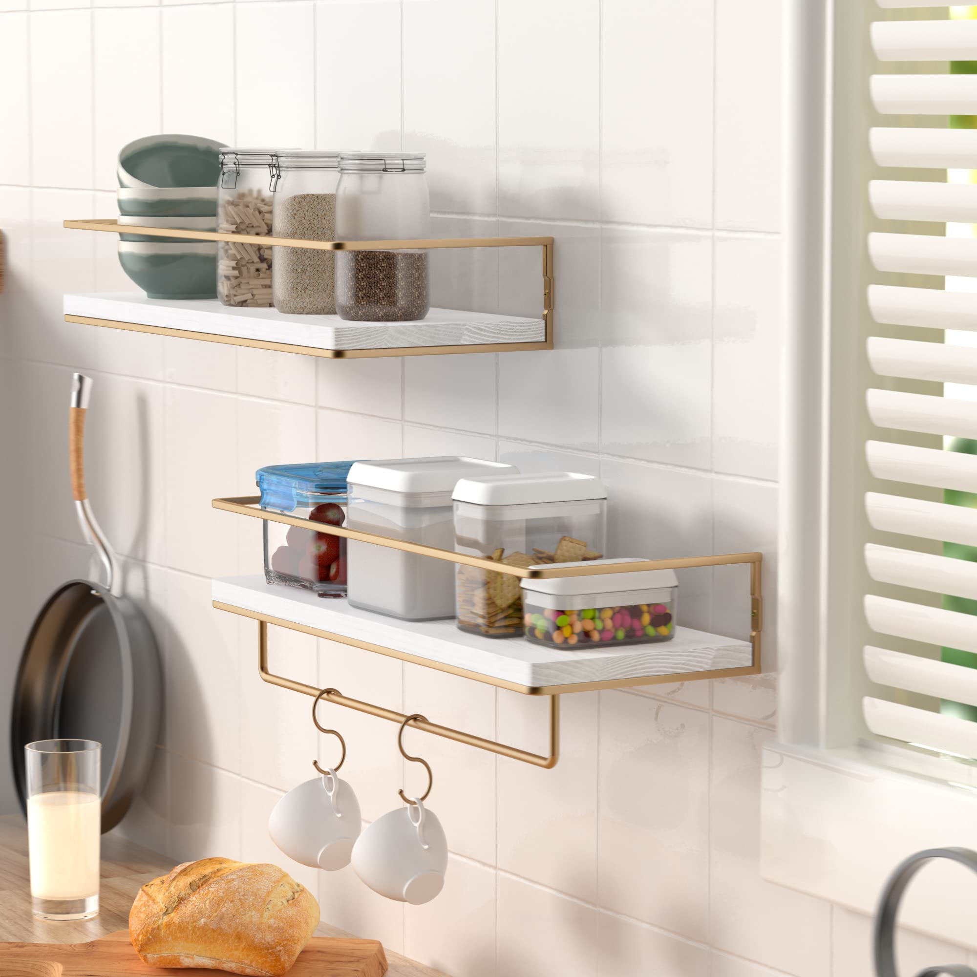 White Floating Shelves with Gold Towel Rack - Wall Mounted Storage Shelves for Bathroom, Kitchen & Bedroom - Set of 2 - Perfect for Organizing Towels, Decor & Essentials in Small Spaces