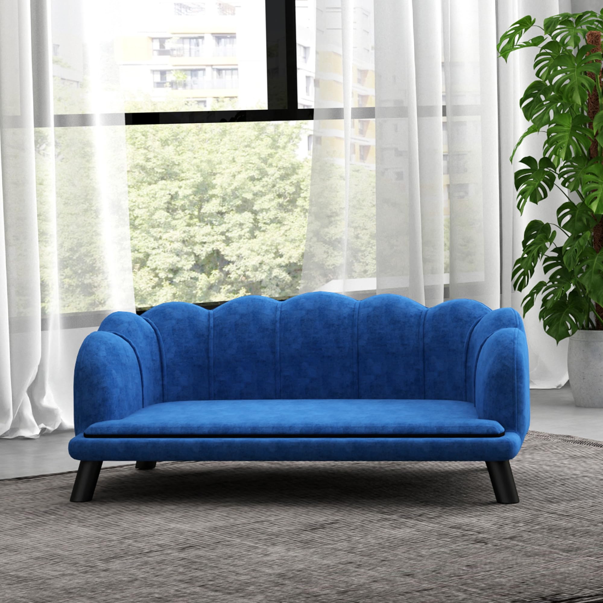 PawHut Velvet Large Dog Couch with Foam Cushion - Soft & Cute Dog Bed with Pearl Design for Medium & Big Dogs - Dark Blue Pet Sofa for Living Room, Bedroom & Pet-Friendly Spaces