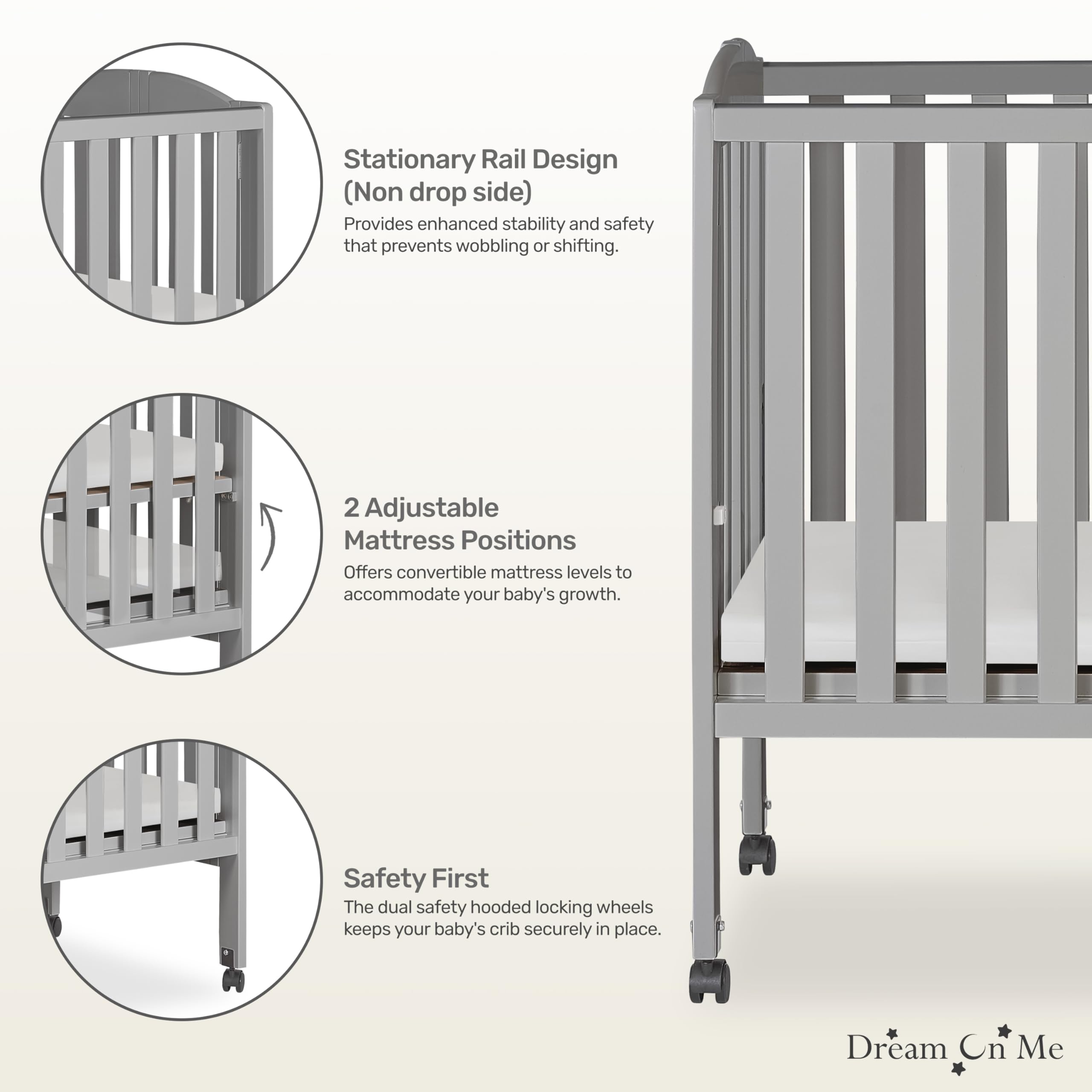 Dream On Me 2-in-1 Folding Portable Baby Crib - Cool Grey | GREENGUARD Gold Certified | Compact 40