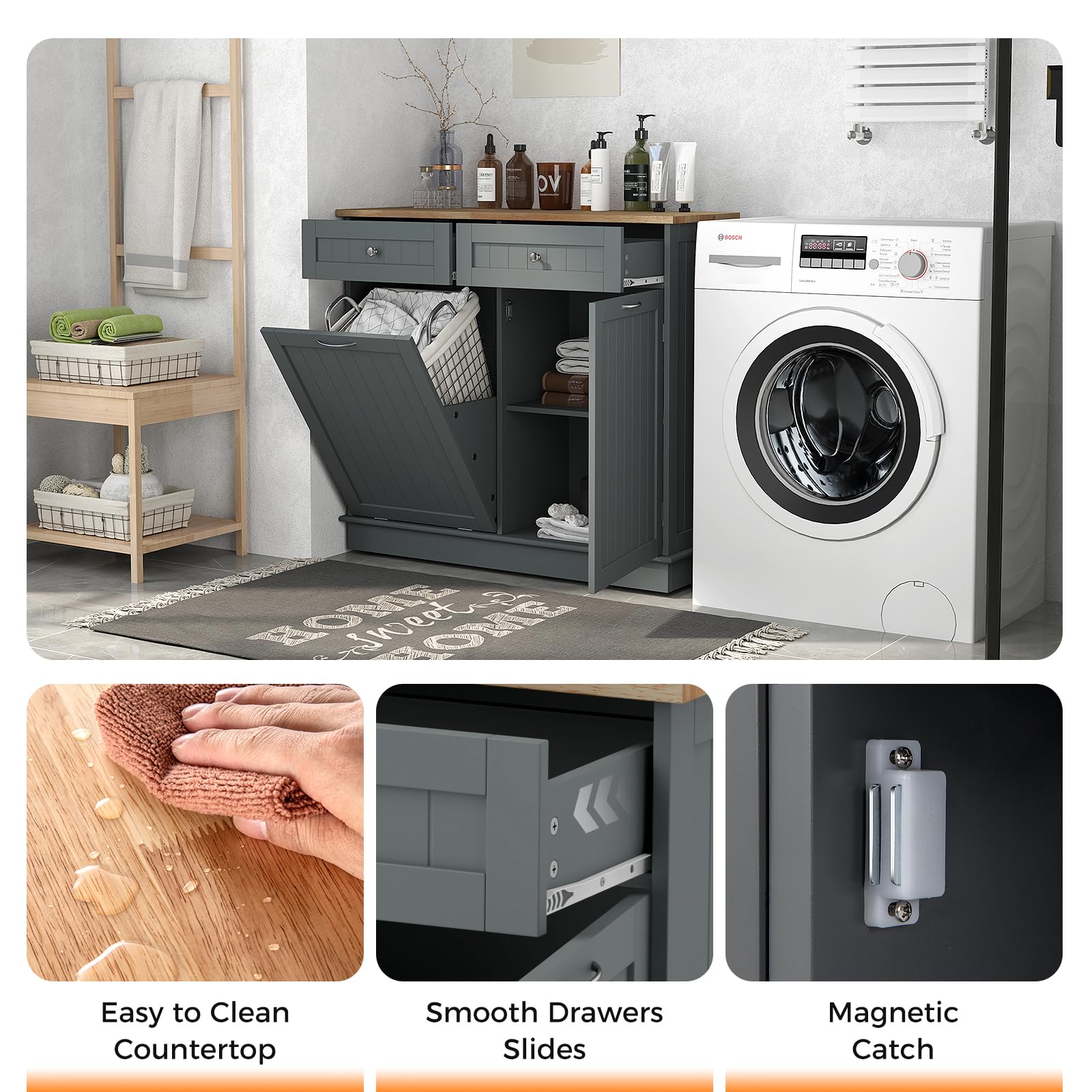 Freestanding Tilt-Out Trash Cabinet with 2 Drawers & Adjustable Shelf - Rubber Wood Countertop Kitchen Island Organizer, Laundry Hamper & Pet-Proof Recycling Bin Holder (Gray) | Perfect for Small Kitchens, Laundry Rooms & Pet-Friendly Homes