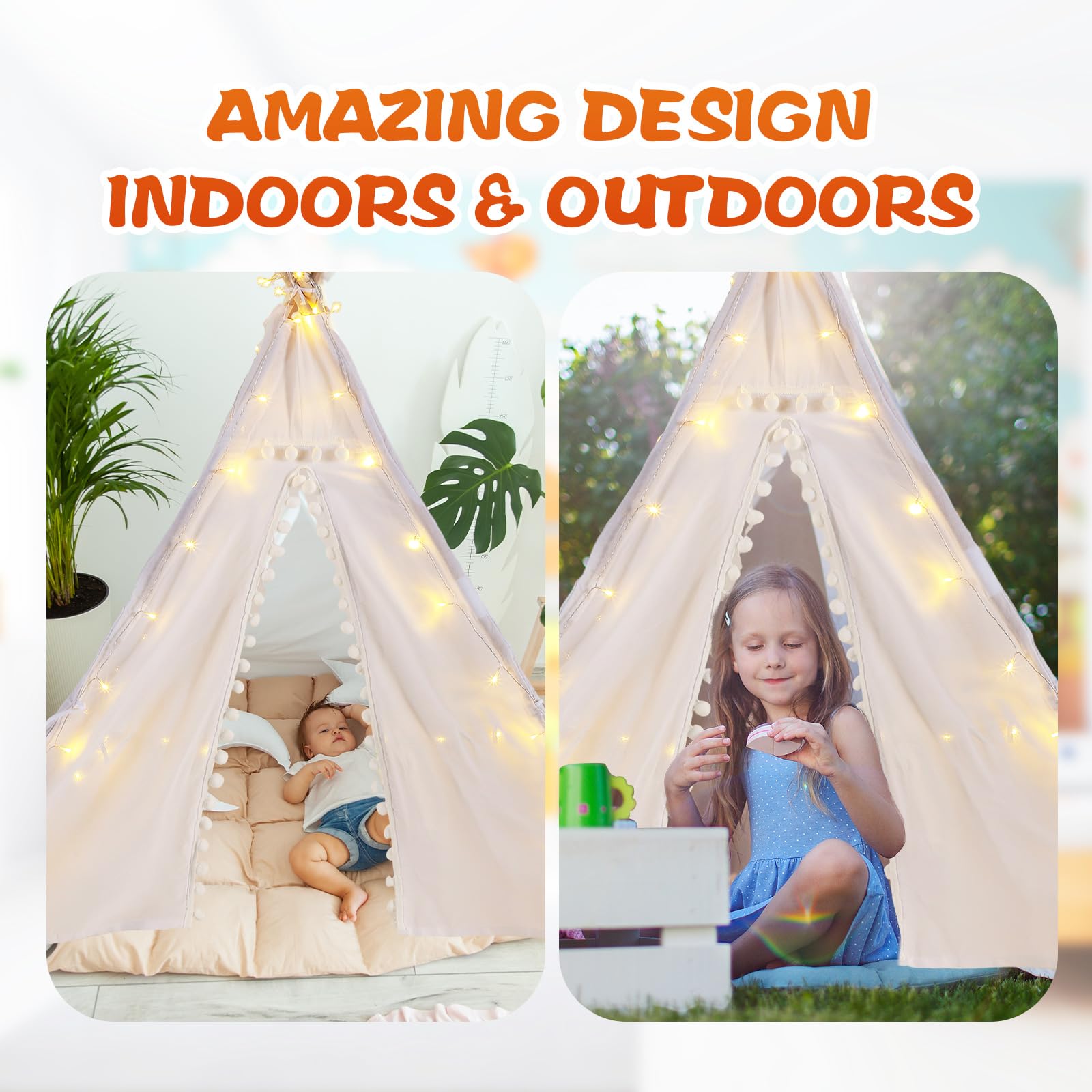 Windyun 12-Pack Kids Teepee Tent with LED Lights - Foldable & Washable Boho Play Tent for Indoor/Outdoor Use | Perfect for Girls & Boys Sleepovers, Birthday Parties, Slumber Parties & Imaginative Play