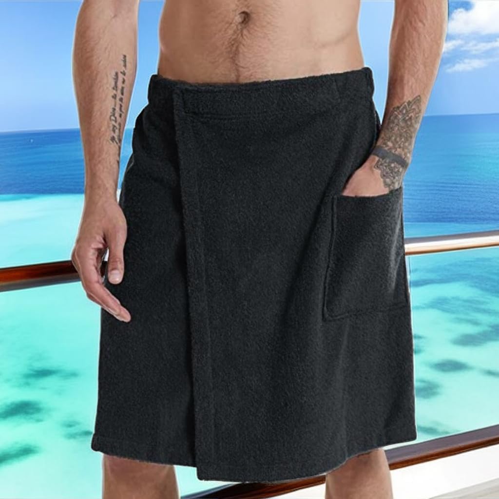Men's Soft Coral Fleece Bath Wrap Towel - Adjustable & Wearable Bath Towel for Men, XL Size in Black - Perfect for Post-Shower, Spa, Pool & Beach Use