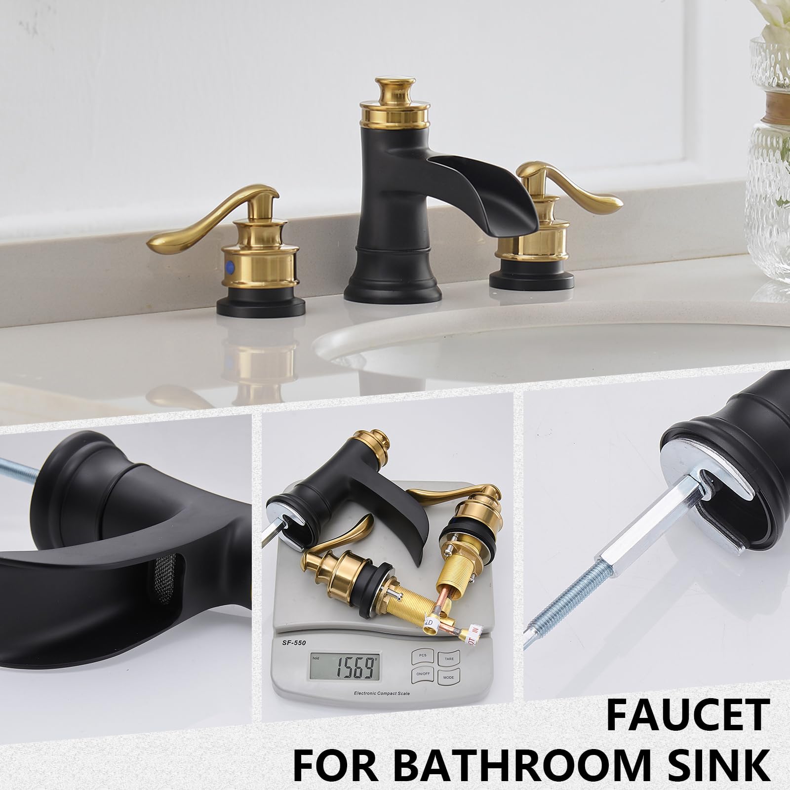 Black Gold Widespread Bathroom Faucet - 3 Hole Waterfall Sink Faucet with 2-Handle Design & Pop-Up Drain - Farmhouse Vanity Lavatory Set with Overflow - Perfect for Modern & Rustic Bathroom Decor