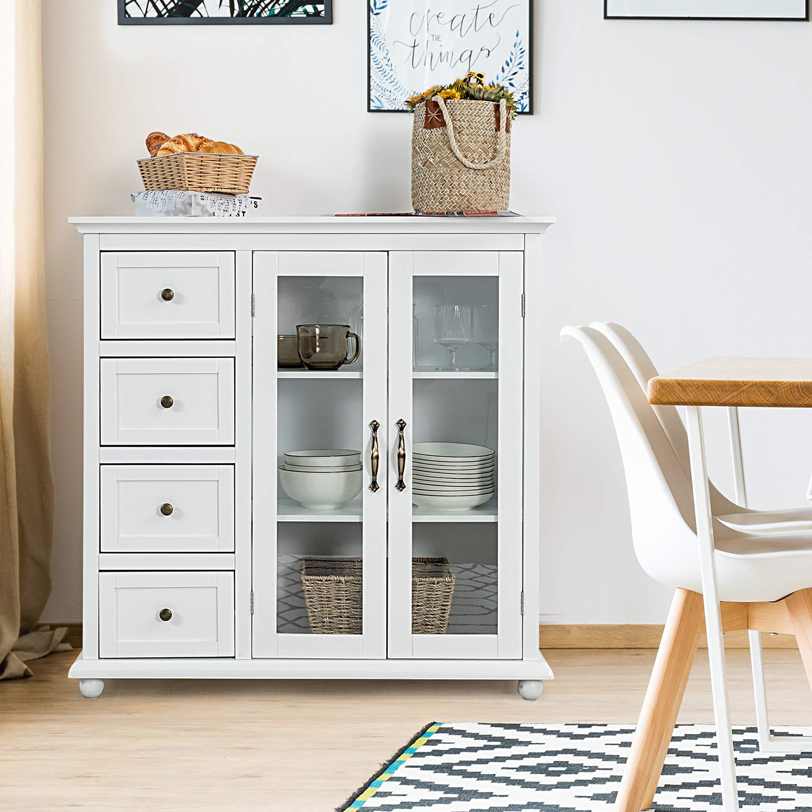 Giantex White Buffet Sideboard - Wooden Storage Cabinet with 4 Drawers & 2 Doors, Console Table for Living Room, Dining Room Furniture, Kitchen Pantry Cupboard - Perfect for Home Organization & Entertaining