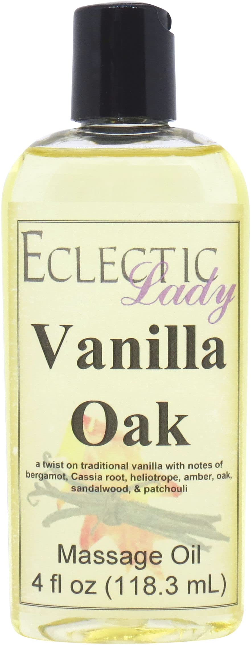 Vanilla Oak Massage Oil - 4 oz Natural Aromatherapy Oil with Sweet Almond & Jojoba Oil, Preservative Free, Relaxing Body Massage Oil for Couples, Spa, Yoga & Stress Relief