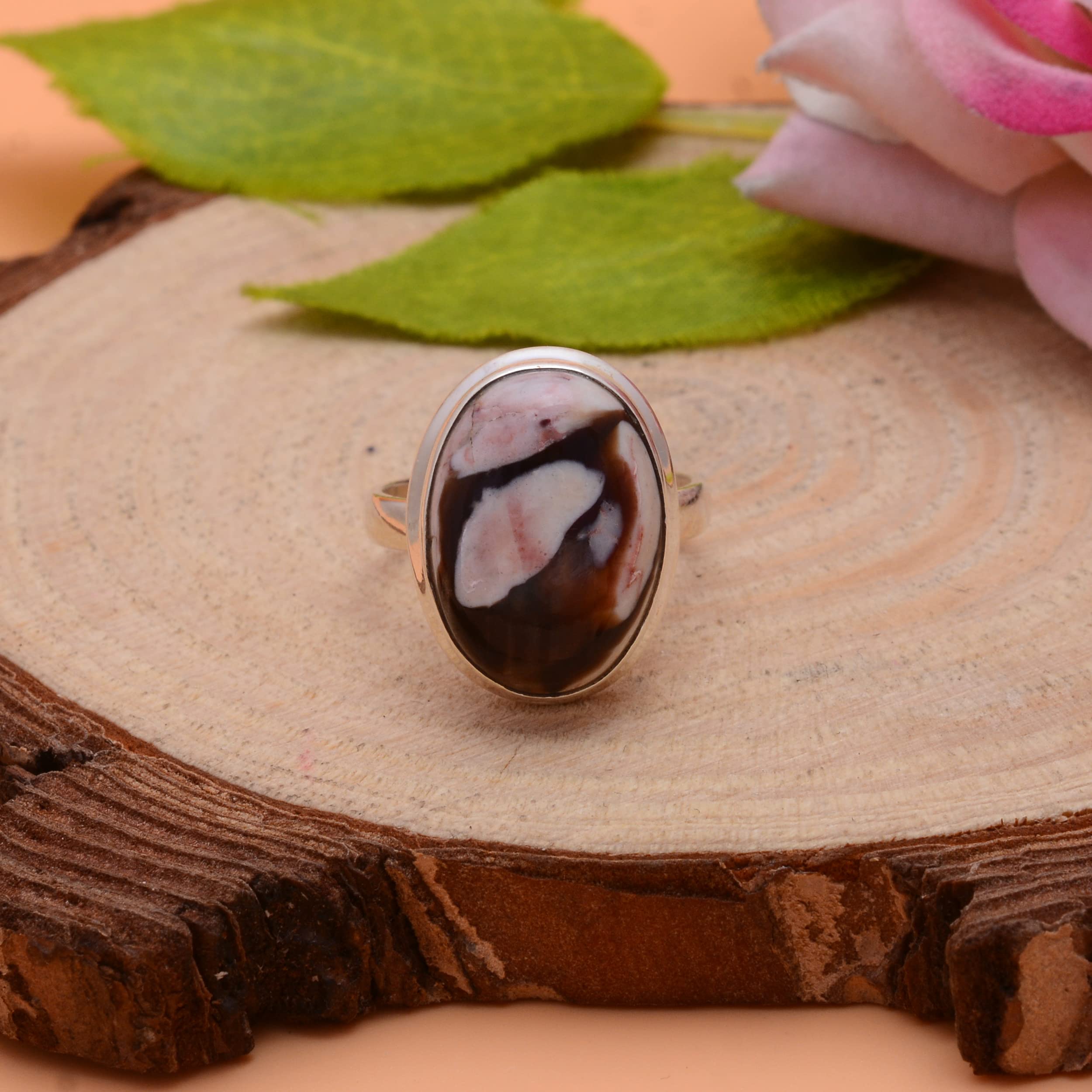 Veracity Jewelry Peanut Wood Jasper Rings for Women - 925 Sterling Silver Healing Meditation Jewelry with Coffee Color Jasper Gemstone - Handmade VSR-131 Ring for Spiritual Wellness & Everyday Elegance
