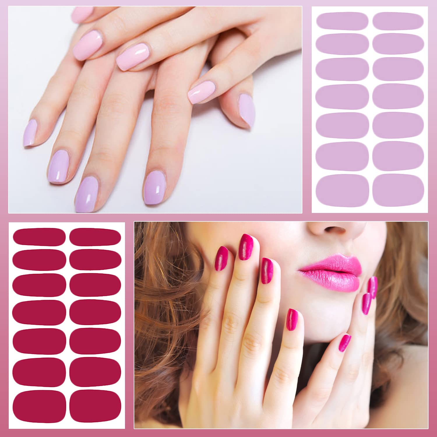 DANNEASY 16 Sheets Nail Wraps for Women - Solid Color Self-Adhesive Nail Polish Strips with Nail File & Cuticle Stick (Pink Red) | Easy DIY Manicure at Home, Salon-Quality Nail Art Accessories for Parties & Special Occasions